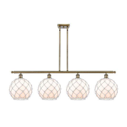 Innovations Farmhouse Rope 48in 4-Light Island Light | Industrial Antique Brass Steel and White Glass with Rope | Kitchen | Model 516-4I-AB-G121-10RW