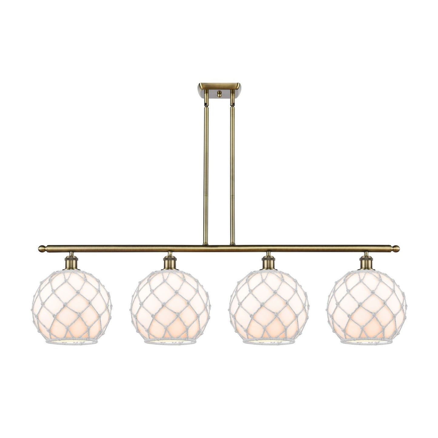 Innovations Farmhouse Rope 48in 4-Light Island Light | Industrial Antique Brass Steel and White Glass with Rope | Kitchen | Model 516-4I-AB-G121-10RW
