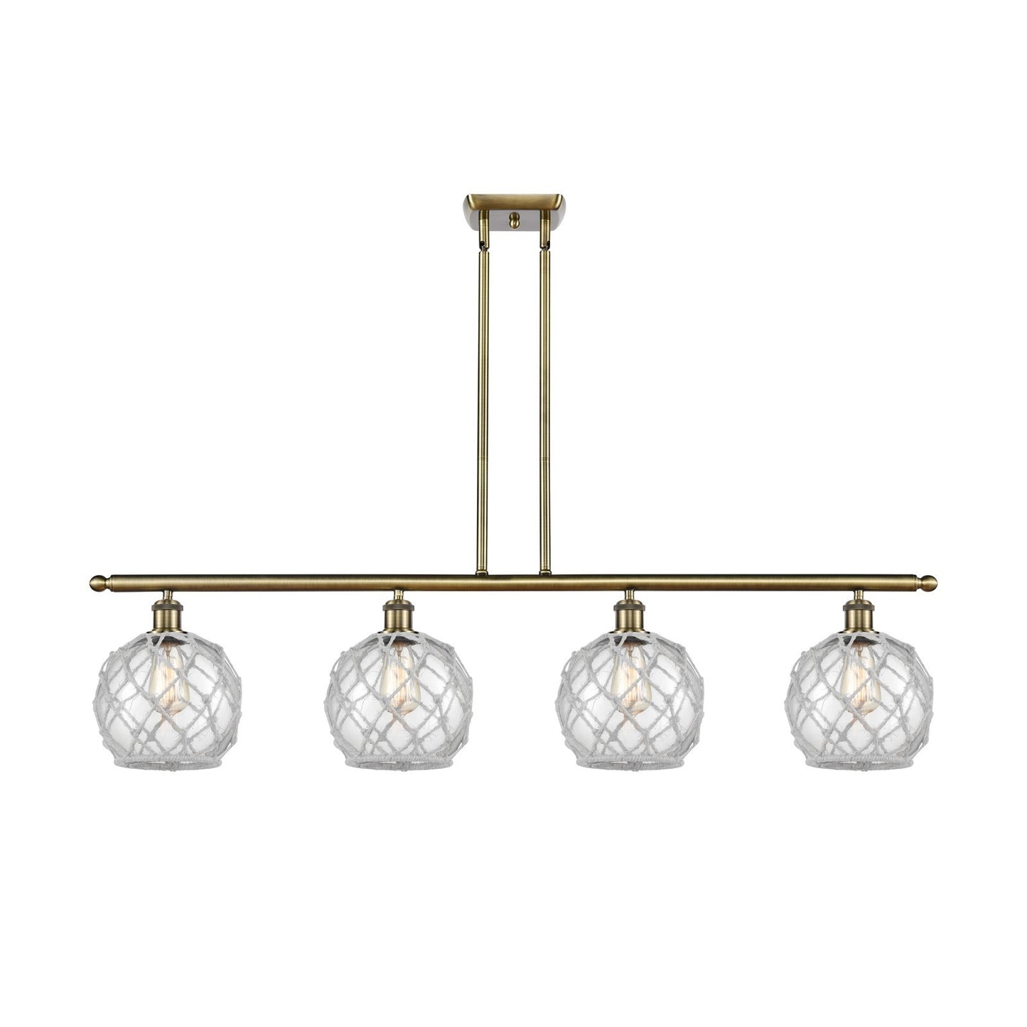 Innovations Farmhouse Rope 48in 4-Light Island Light | Industrial Antique Brass Steel and Clear Glass with White Rope | Kitchen | Model 516-4I-AB-G122-8RW