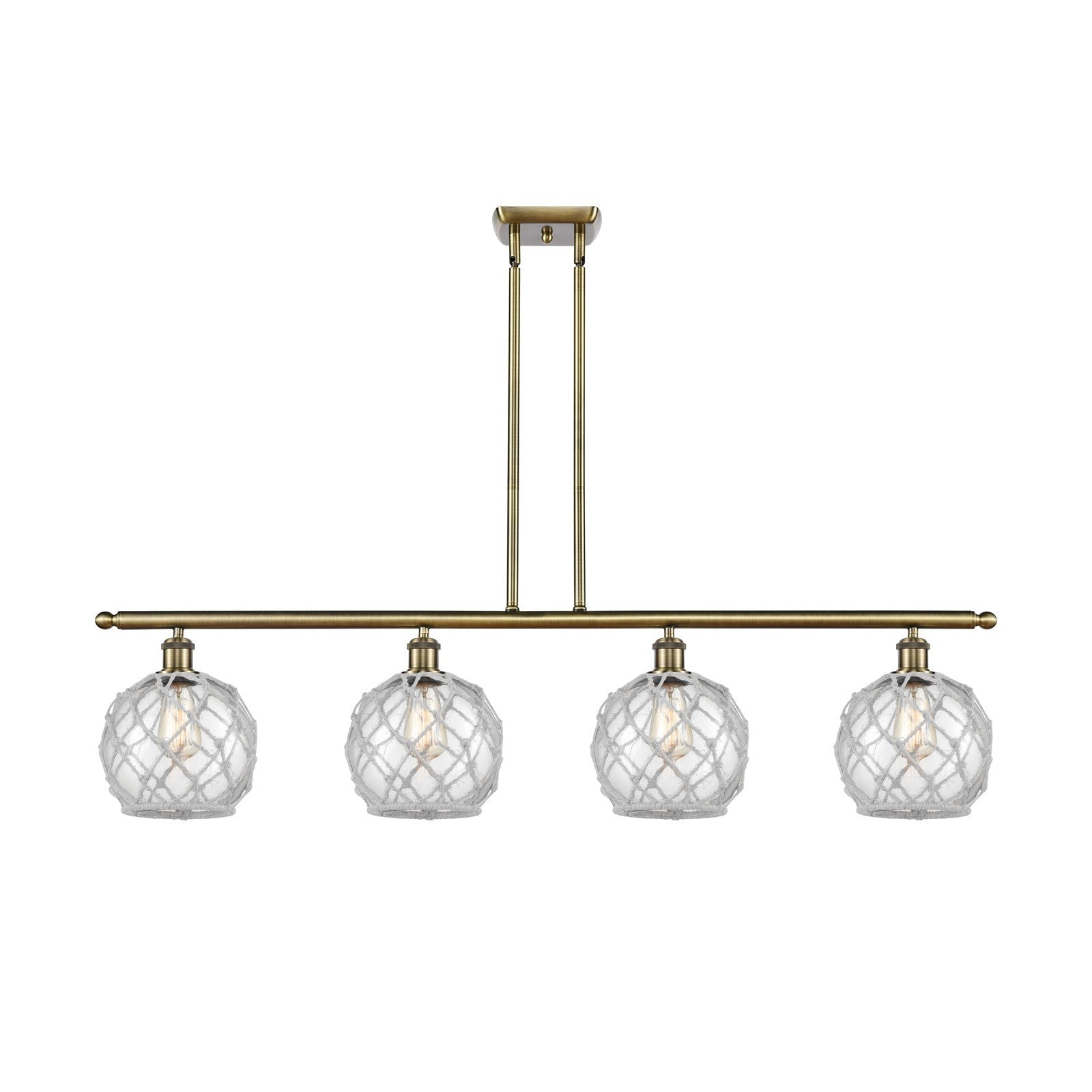 Innovations Farmhouse Rope 48in 4-Light Island Light | Industrial Antique Brass Steel and Clear Glass with White Rope | Kitchen | Model 516-4I-AB-G122-8RW