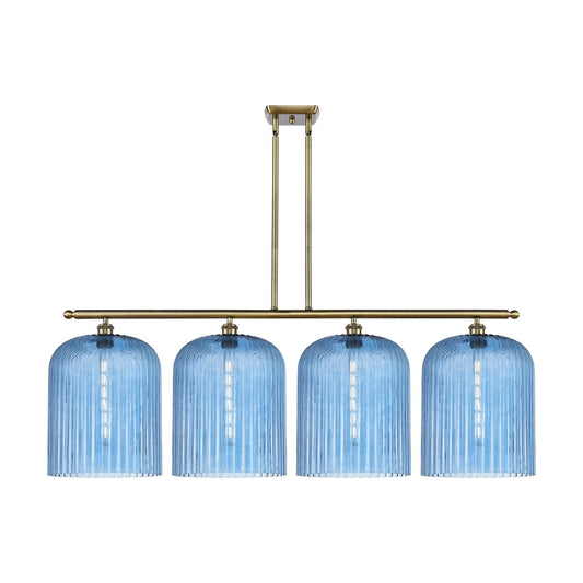 Innovations Bridal Veil 48in 4-Light Island Light | Art Nouveau Antique Brass and Princess Blue Ribbed Glass | Kitchen Island | Model 516-4I-AB-G559-12BL