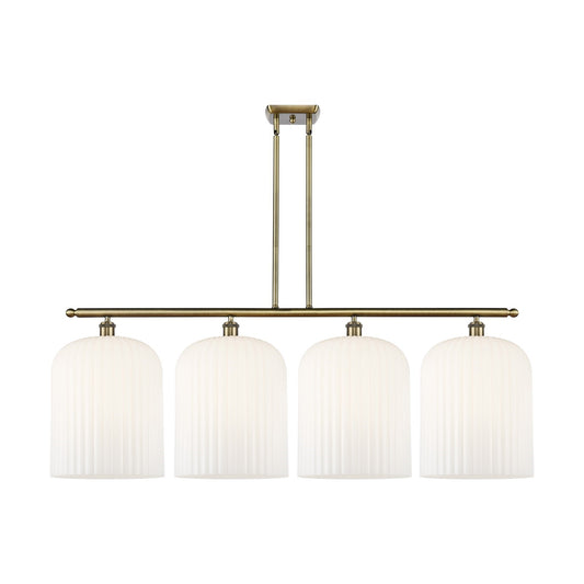 Innovations Bridal Veil 48in 4-Light Island Light | Art Nouveau Antique Brass and Gloss White Ribbed Glass | Kitchen Island & | Model 516-4I-AB-G559-12GWH