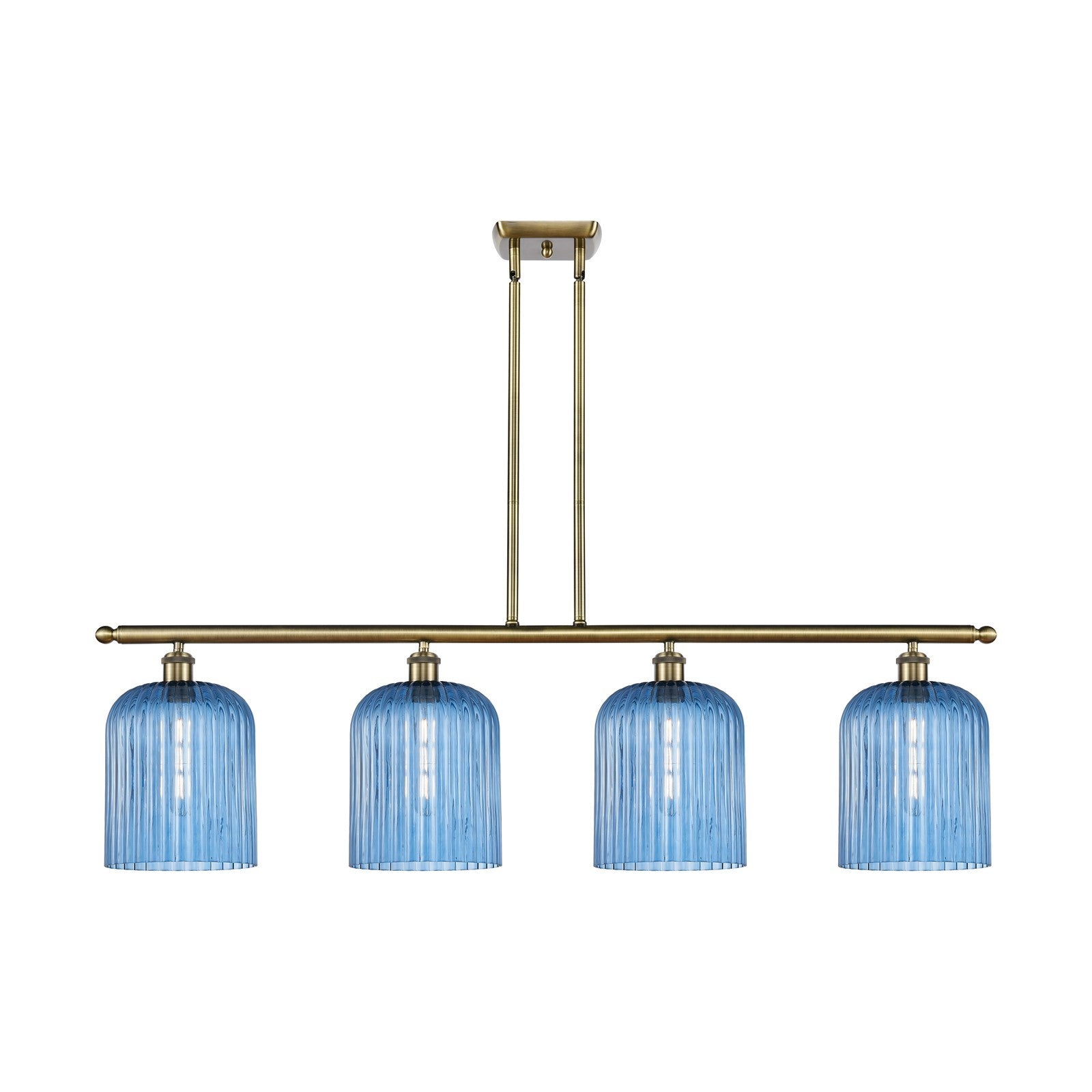 Innovations Bridal Veil 48in 4-Light Island Light | Art Nouveau Antique Brass Steel and Princess Blue Ribbed Glass | Kitchen | Model 516-4I-AB-G559-8BL