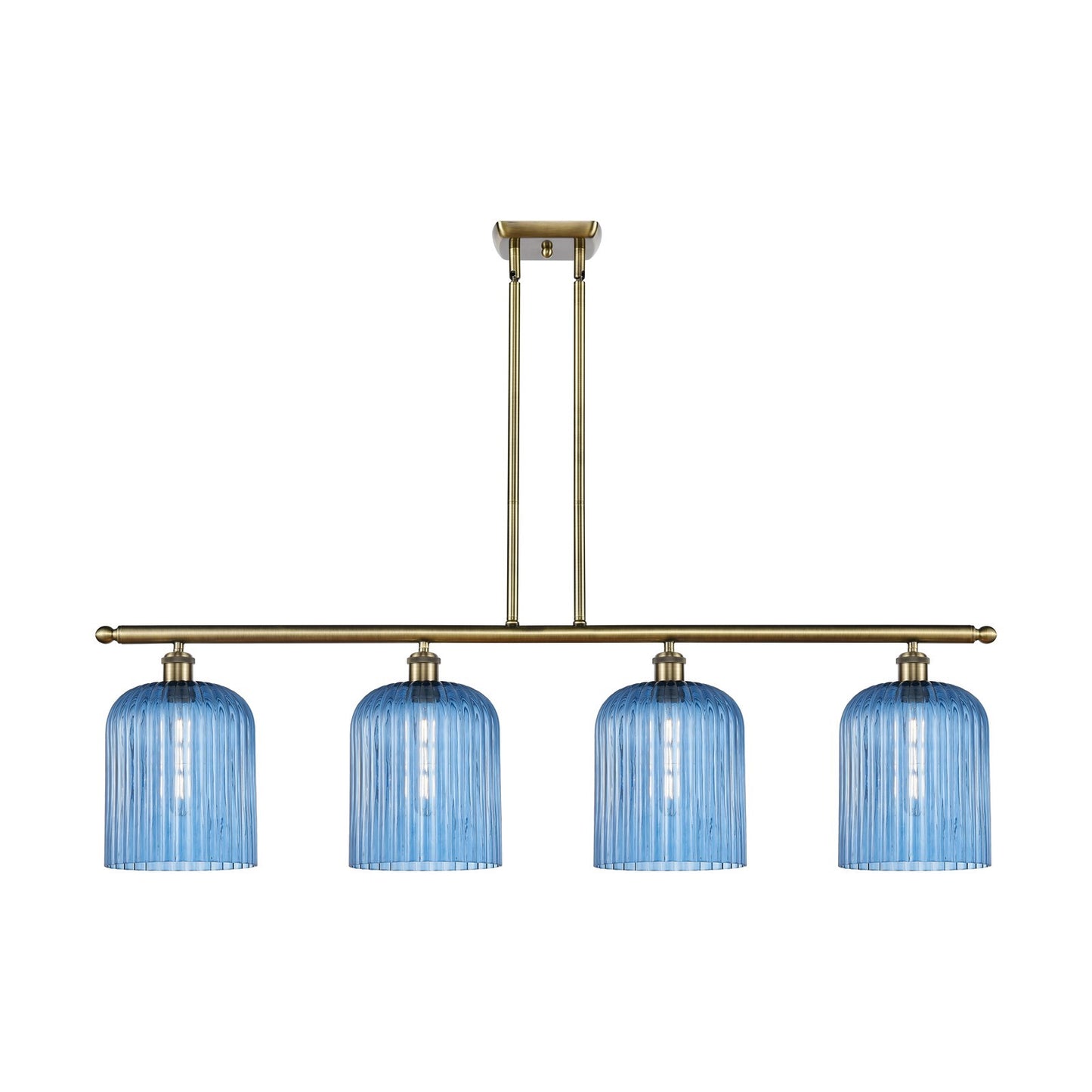 Innovations Bridal Veil 48in 4-Light Island Light | Art Nouveau Antique Brass Steel and Princess Blue Ribbed Glass | Kitchen | Model 516-4I-AB-G559-8BL