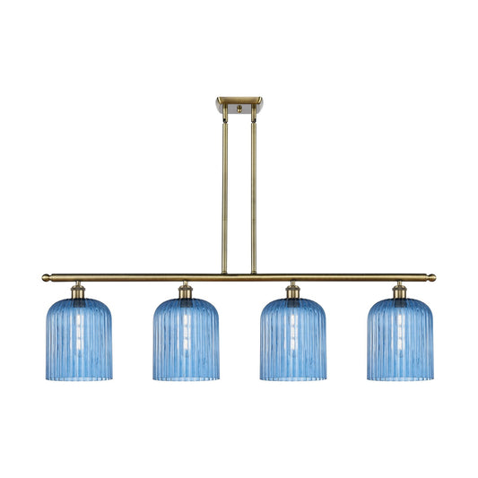 Innovations Bridal Veil 48in 4-Light Island Light | Art Nouveau Antique Brass Steel and Princess Blue Ribbed Glass | Kitchen | Model 516-4I-AB-G559-8BL