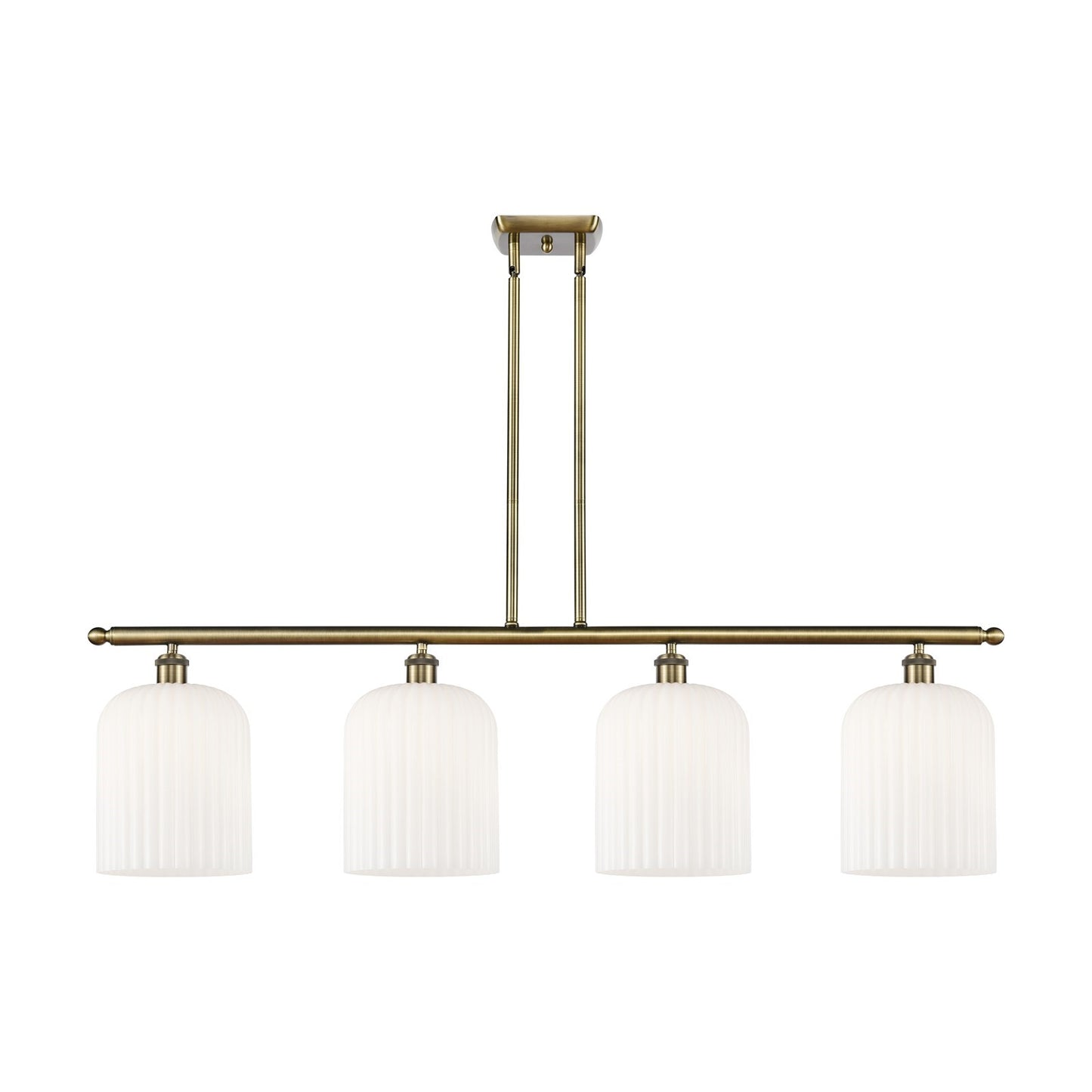 Innovations Bridal Veil 48in 4-Light Island Light | Art Nouveau Industrial Antique Brass and Gloss White Ribbed Glass | Model 516-4I-AB-G559-8GWH