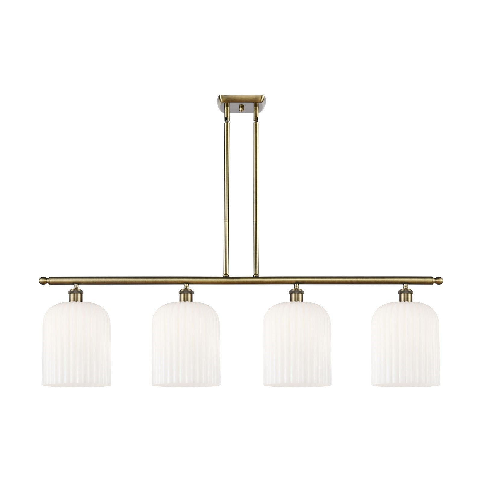 Innovations Bridal Veil 48in 4-Light Island Light | Art Nouveau Industrial Antique Brass and Gloss White Ribbed Glass | Model 516-4I-AB-G559-8GWH
