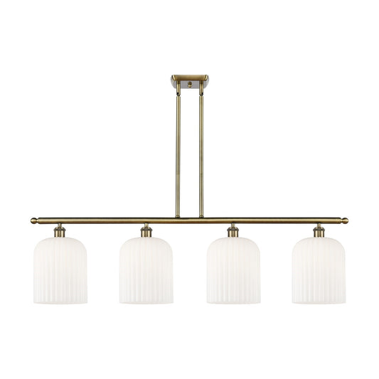 Innovations Bridal Veil 48in 4-Light Island Light | Art Nouveau Industrial Antique Brass and Gloss White Ribbed Glass | Model 516-4I-AB-G559-8GWH