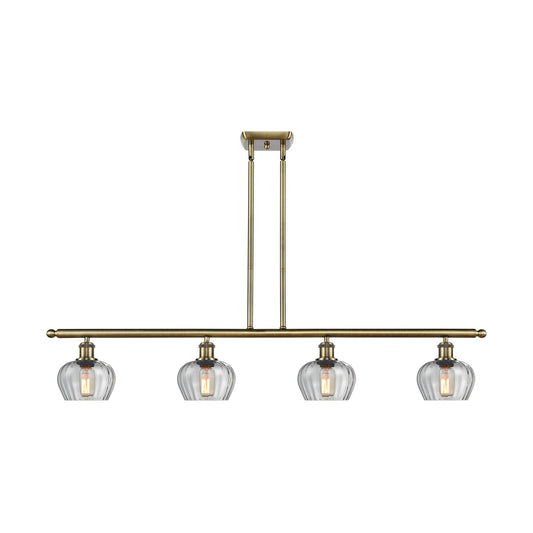 Innovations Fenton 48in 4-Light Island Light | Industrial Antique Brass Steel and Clear Ribbed Glass | Kitchen Island & Dining Room | Model 516-4I-AB-G92