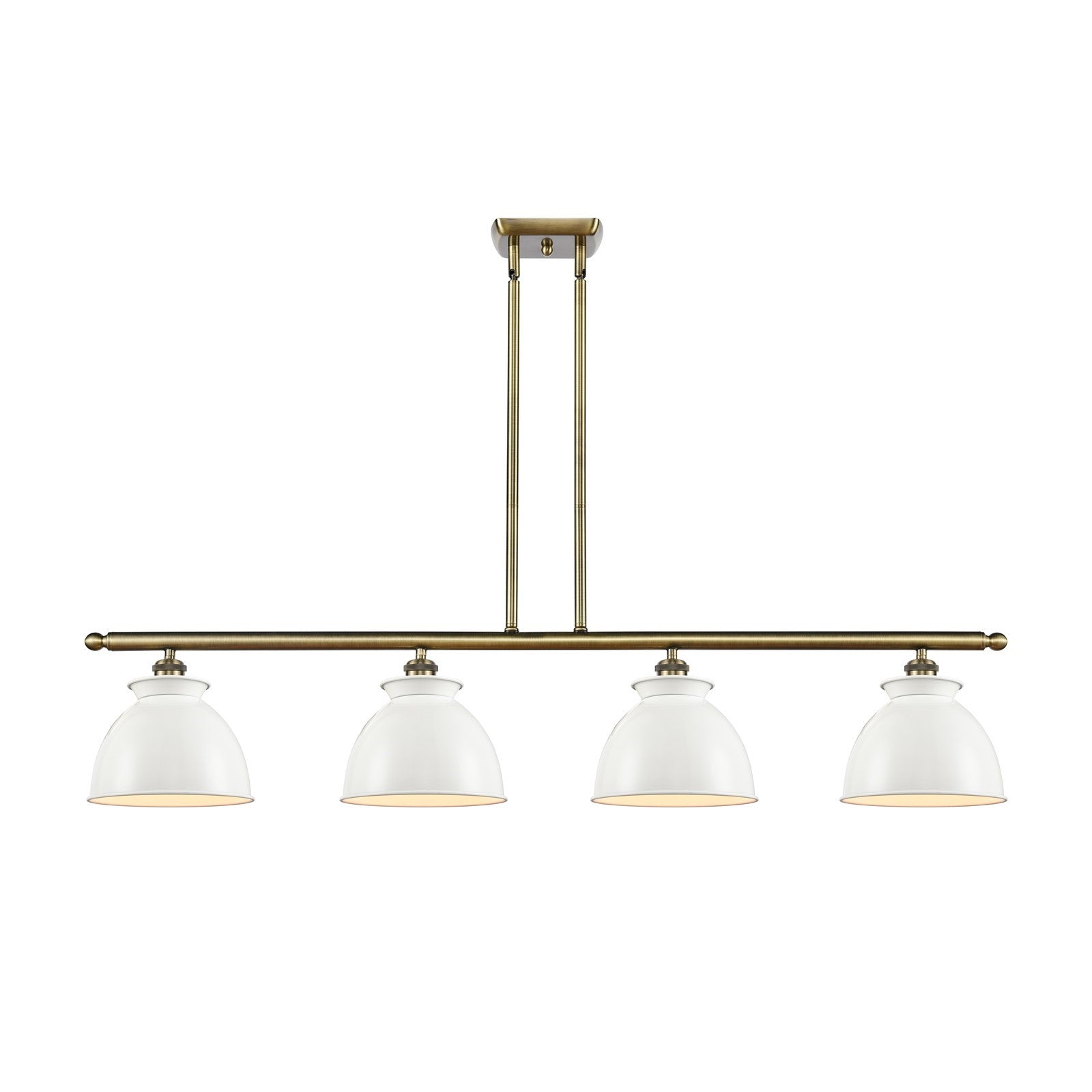 Innovations Adirondack 48in 4-Light Island Light | Industrial Farmhouse Antique Brass Steel and Glossy White Metal Shade | Kitchen | Model 516-4I-AB-M14-W