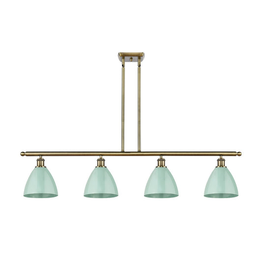 Innovations Plymouth 48in 4-Light Island Light | Industrial Farmhouse Antique Brass and Matte Seafoam Metal Shade | Model 516-4I-AB-MBD-75-SF-LED