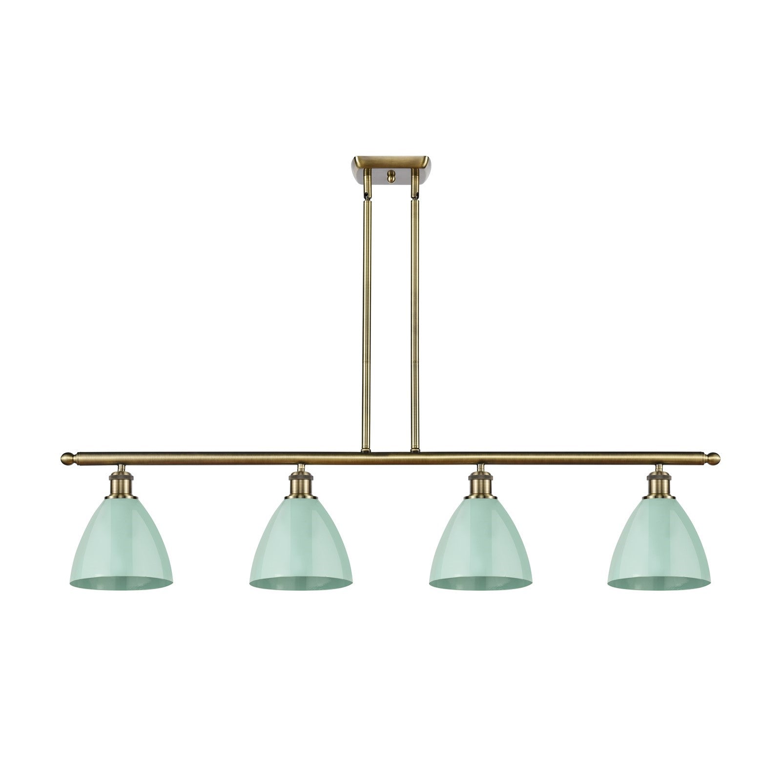 Innovations Plymouth 48in 4-Light Island Light | Industrial Farmhouse Antique Brass and Matte Seafoam Metal Shade | Model 516-4I-AB-MBD-75-SF-LED