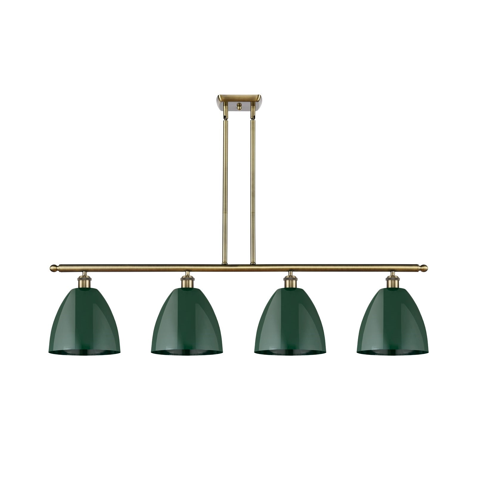 Innovations Plymouth 48in 4-Light Island Light | Industrial Antique Brass Steel and Matte Green Metal Shade | Kitchen | Model 516-4I-AB-MBD-9-GR-LED