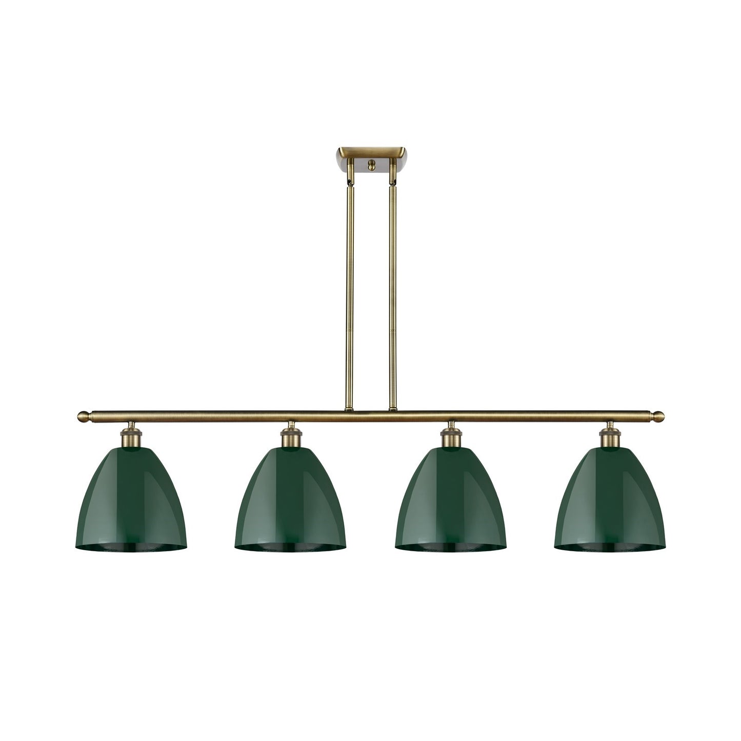 Innovations Plymouth 48in 4-Light Island Light | Industrial Antique Brass Steel and Matte Green Metal Shade | Kitchen | Model 516-4I-AB-MBD-9-GR-LED