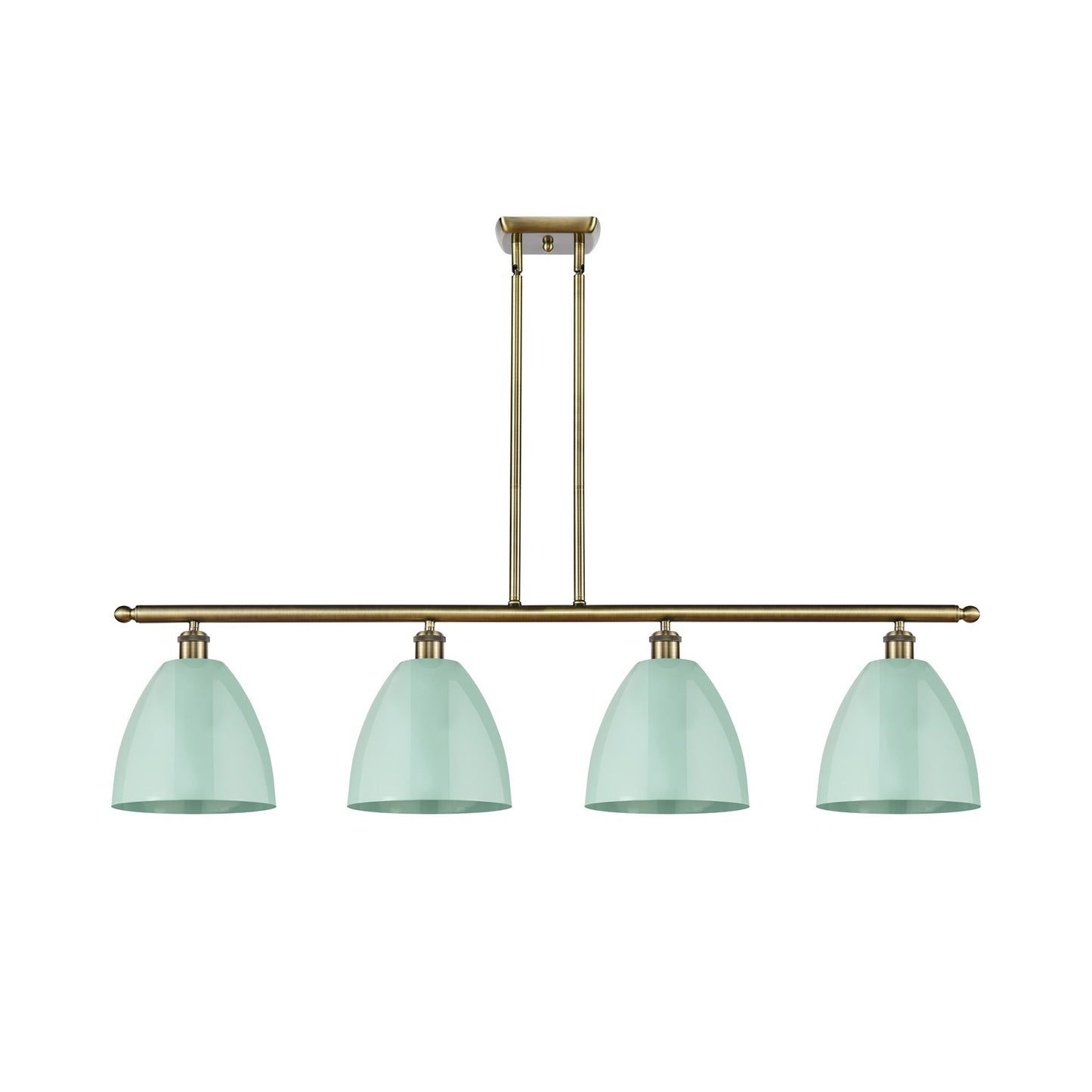Innovations Plymouth 48in 4-Light Island Light | Industrial Antique Brass Steel and Matte Seafoam Metal Shade | Kitchen | Model 516-4I-AB-MBD-9-SF-LED