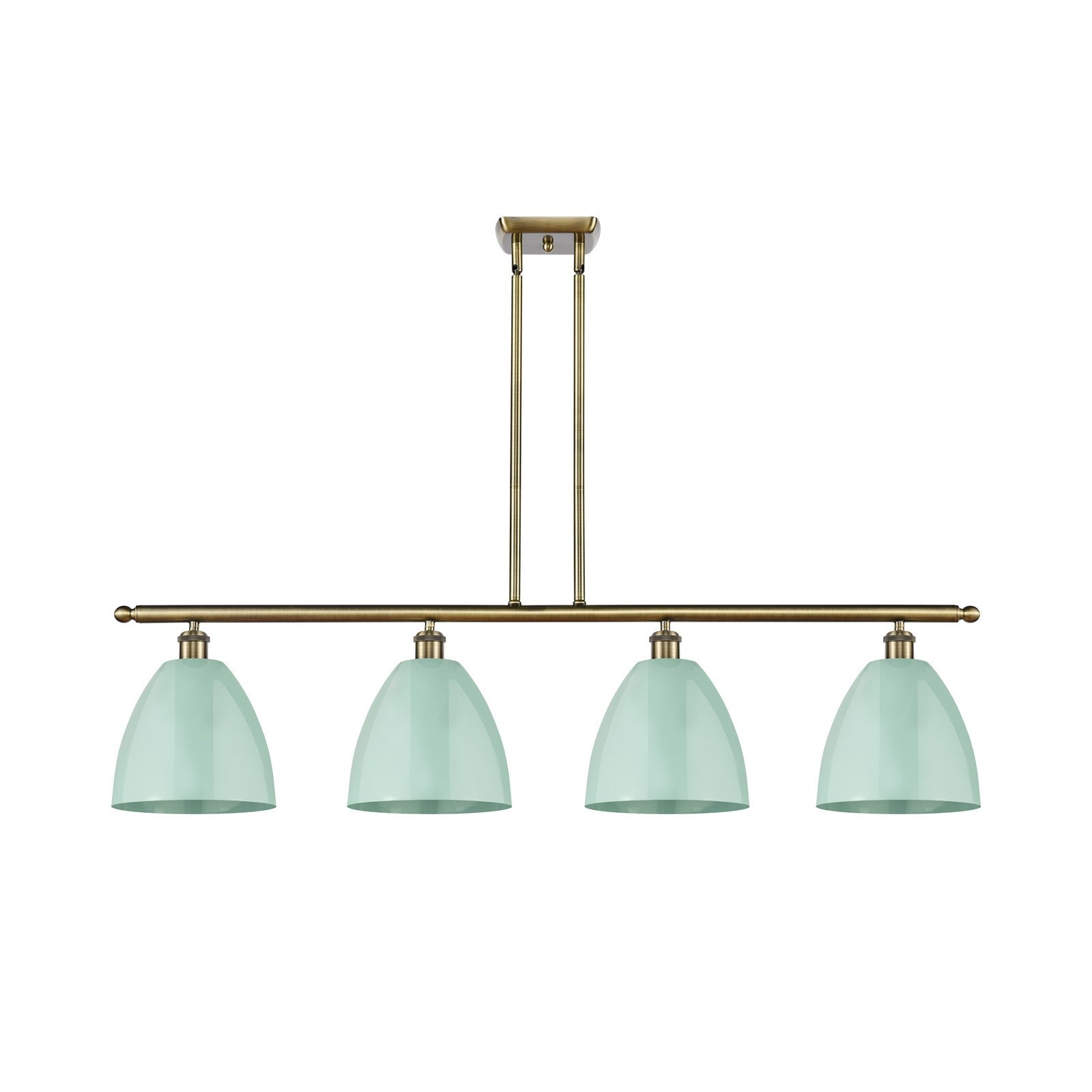 Innovations Plymouth 48in 4-Light Island Light | Industrial Antique Brass Steel and Matte Seafoam Metal Shade | Kitchen | Model 516-4I-AB-MBD-9-SF-LED