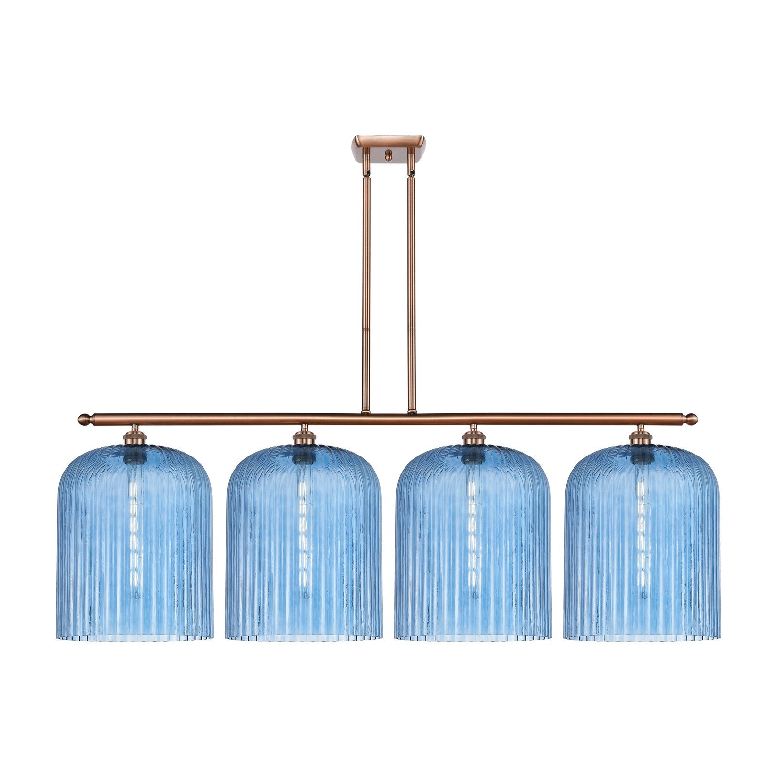 Innovations Bridal Veil 48in 4-Light Island Light | Art Nouveau Antique Copper Steel and Princess Blue Ribbed Glass | Kitchen | Model 516-4I-AC-G559-12BL
