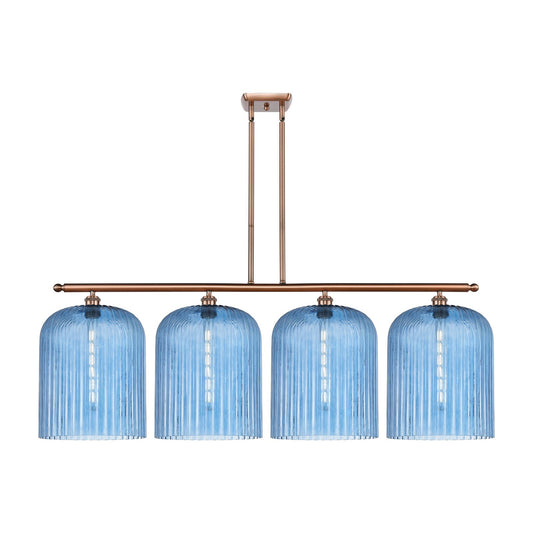 Innovations Bridal Veil 48in 4-Light Island Light | Art Nouveau Antique Copper Steel and Princess Blue Ribbed Glass | Kitchen | Model 516-4I-AC-G559-12BL