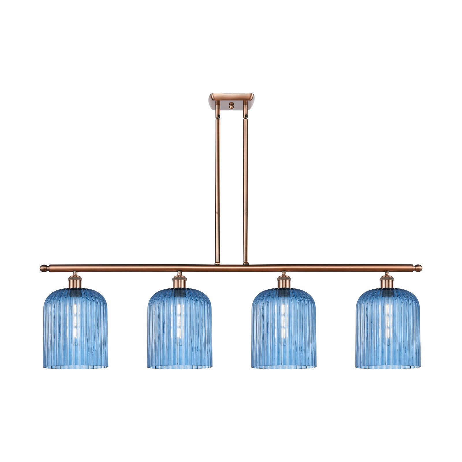 Innovations Bridal Veil 48in 4-Light Island Light | Art Nouveau Industrial Antique Copper Steel and Princess Blue Ribbed Glass | Model 516-4I-AC-G559-8BL