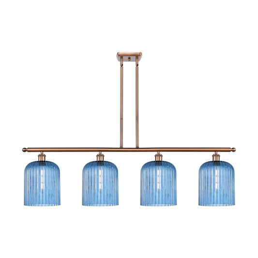 Innovations Bridal Veil 48in 4-Light Island Light | Art Nouveau Industrial Antique Copper Steel and Princess Blue Ribbed Glass | Model 516-4I-AC-G559-8BL