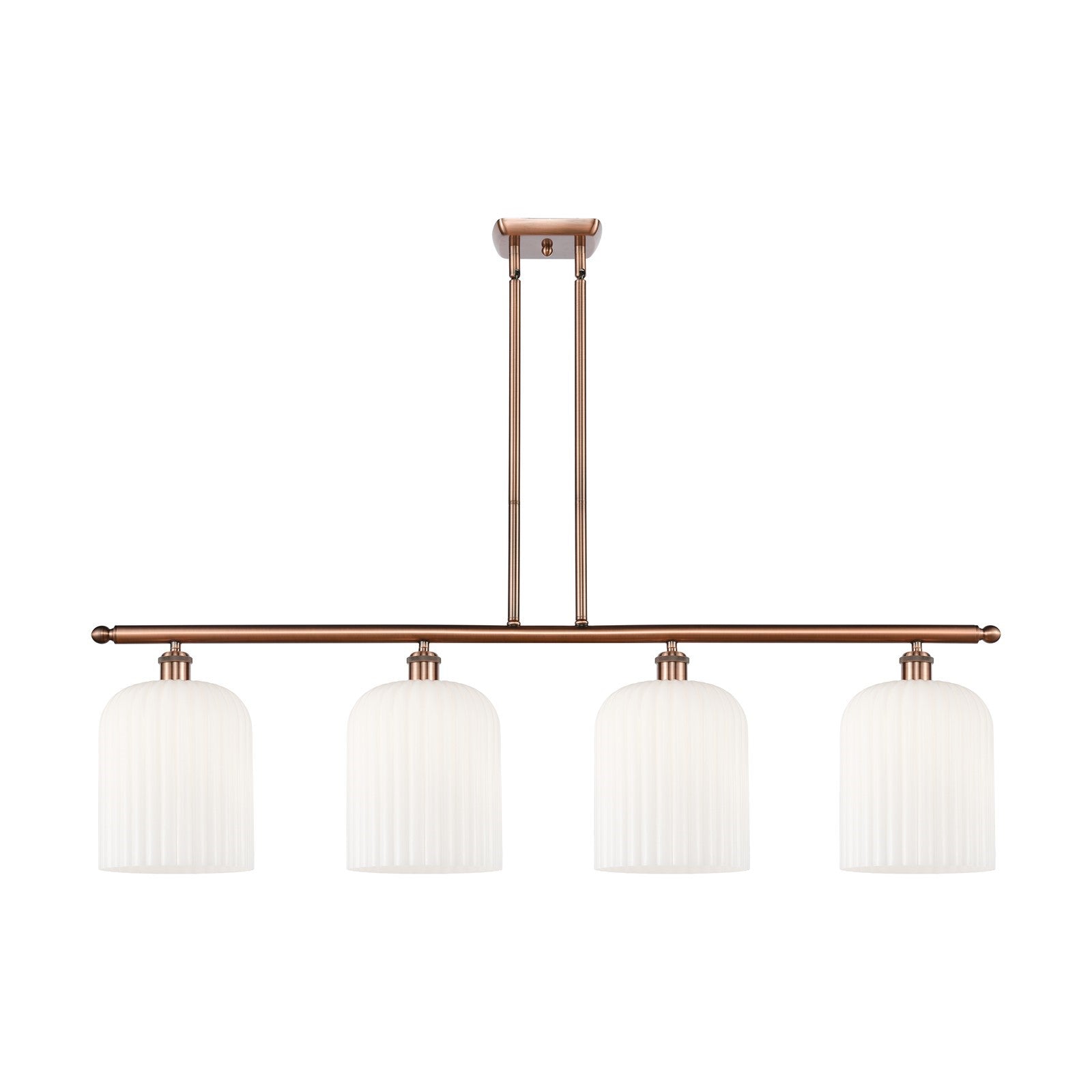 Innovations Bridal Veil 48in 4-Light Island Light | Art Nouveau Industrial Antique Copper Steel and Gloss White Ribbed Glass | Model 516-4I-AC-G559-8GWH