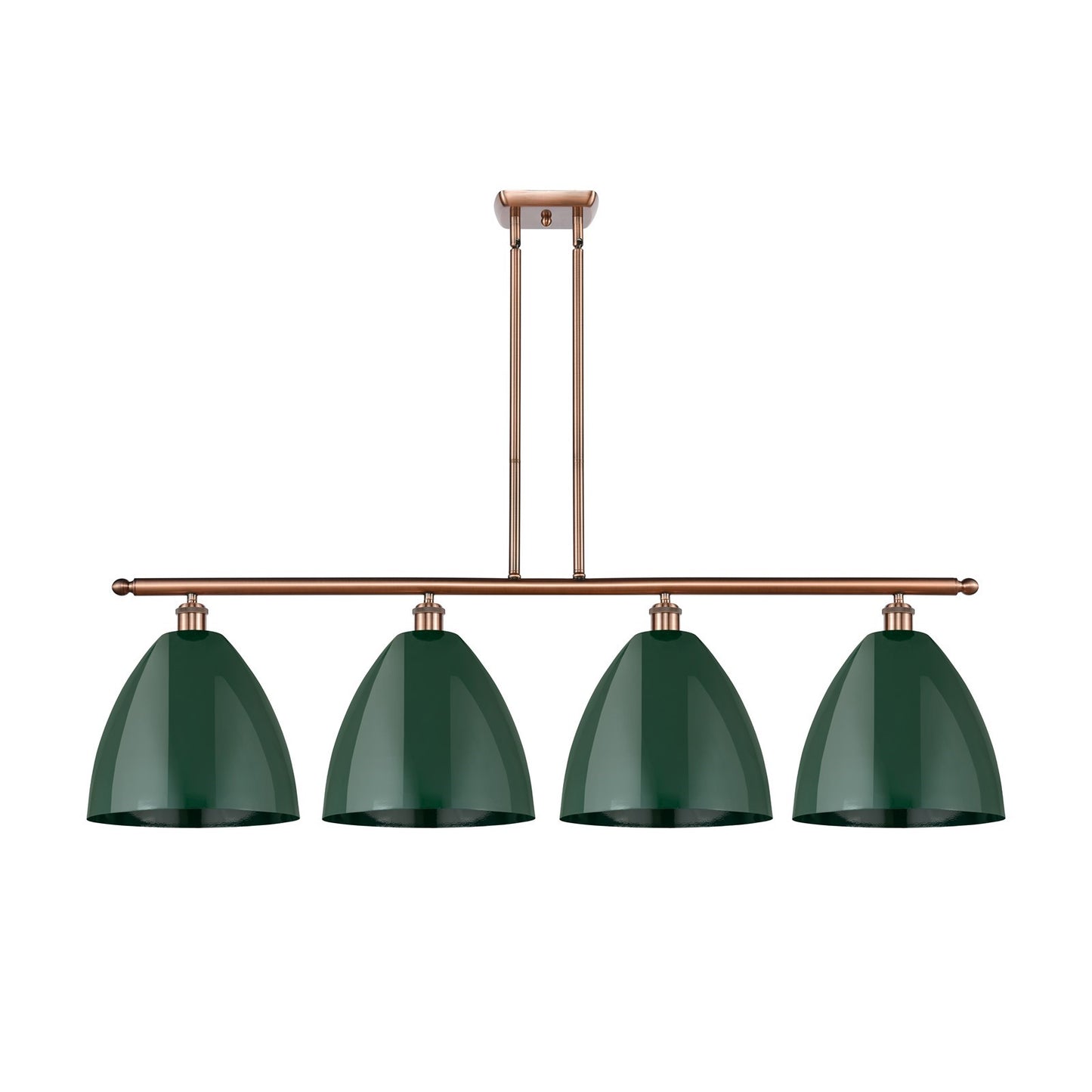 Innovations Plymouth 50in 4-Light Island Light | Industrial Antique Copper and Matte Green Metal | Kitchen Island & Dining | Model 516-4I-AC-MBD-12-GR-LED
