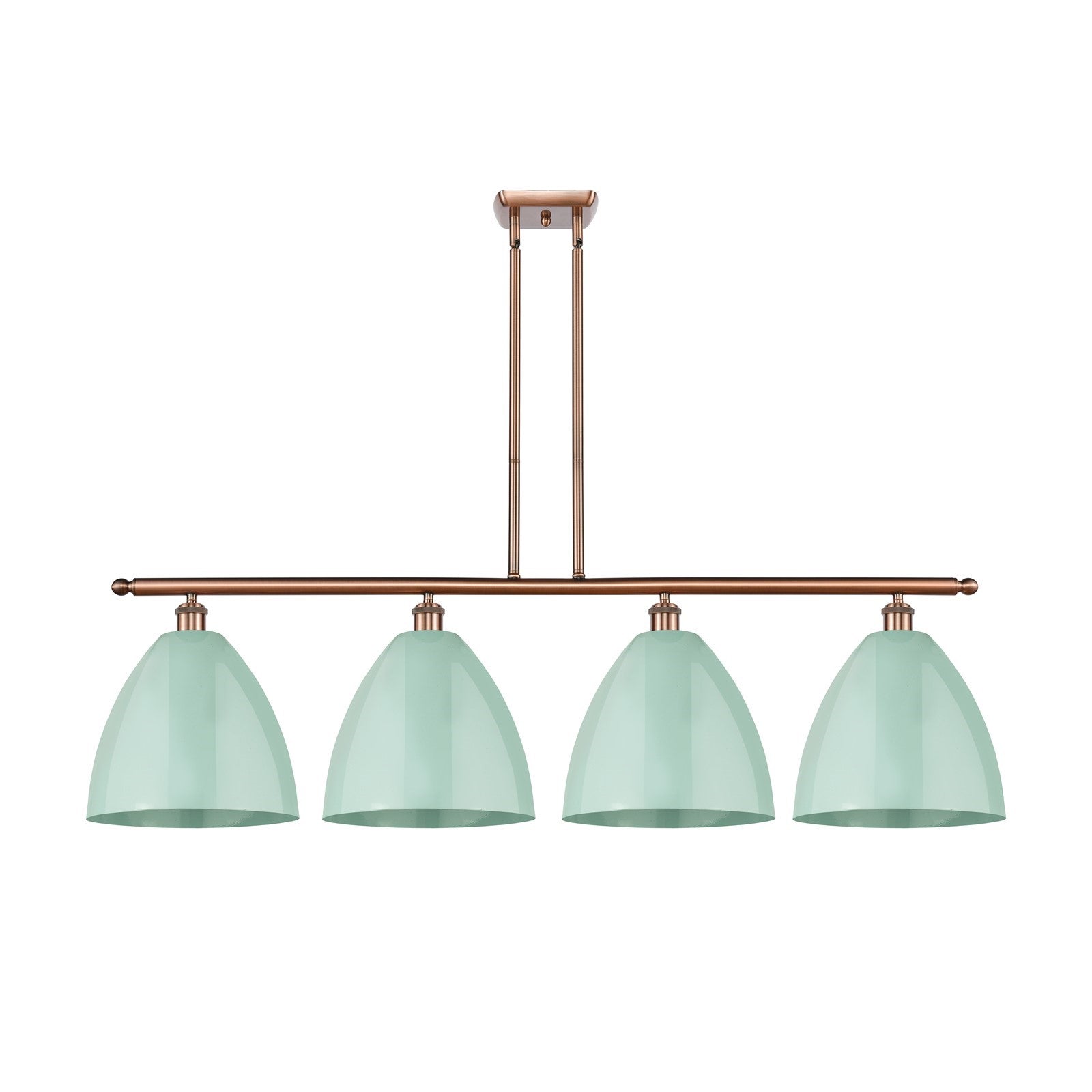 Innovations Plymouth 50in 4-Light Island Light | Industrial Antique Copper Metal and Matte Seafoam Metal Shade | Kitchen | Model 516-4I-AC-MBD-12-SF-LED