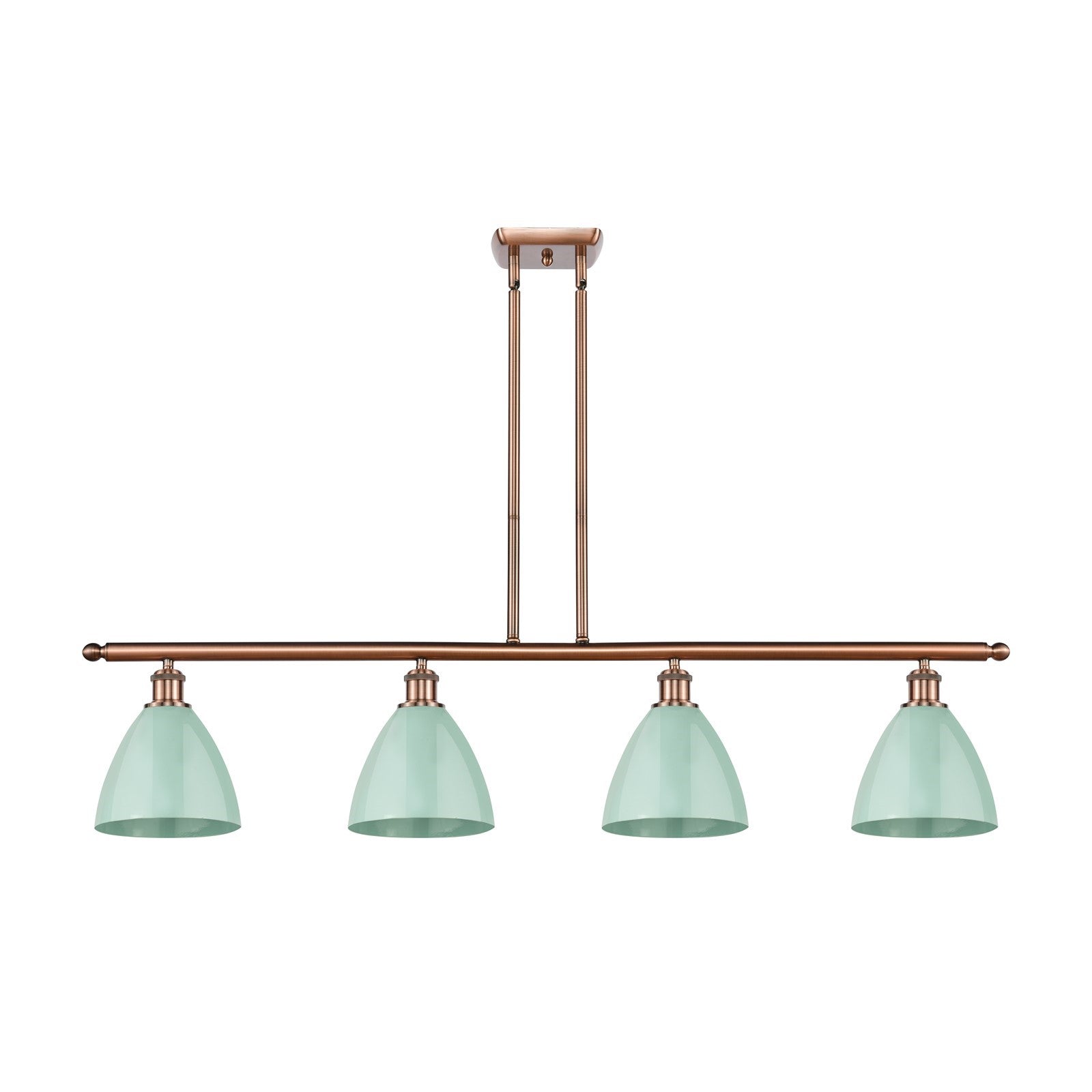 Innovations Plymouth 48in 4-Light Island Light | Industrial Farmhouse Antique Copper Steel and Matte Seafoam Metal Shade | Model 516-4I-AC-MBD-75-SF