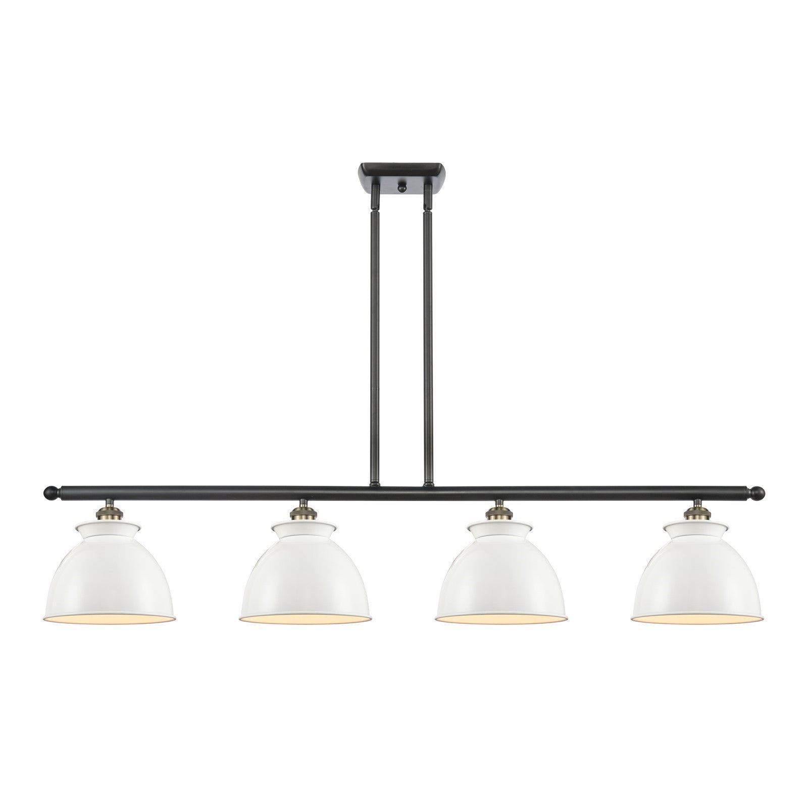 Innovations Adirondack 48in 4-Light Island Light | Industrial Farmhouse Black Antique Brass Steel and Glossy White Metal Shade | Model 516-4I-BAB-M14-W
