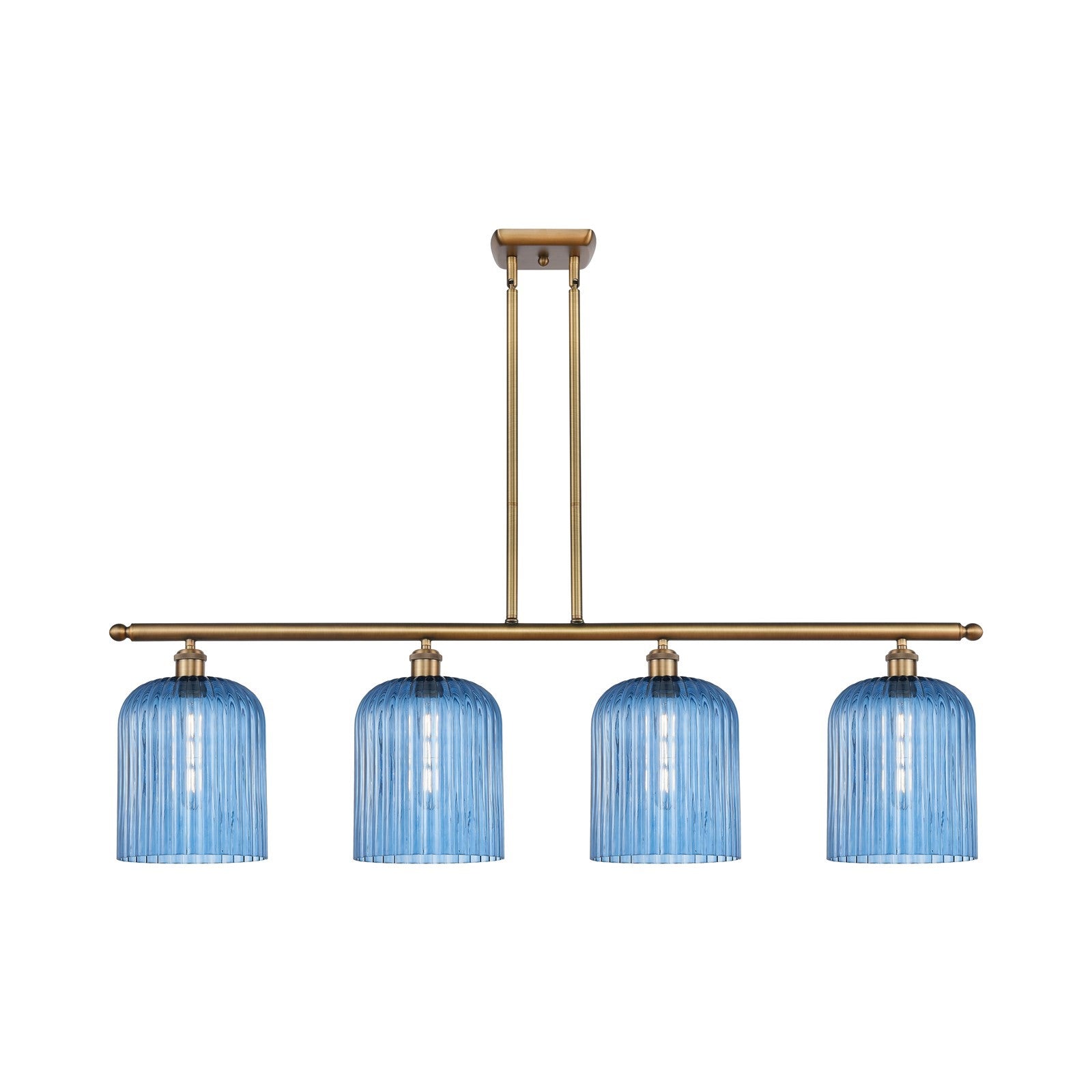 Innovations Bridal Veil 48in 4-Light Island Light | Art Nouveau Brushed Brass and Princess Blue Ribbed Glass | Kitchen Island & | Model 516-4I-BB-G559-8BL