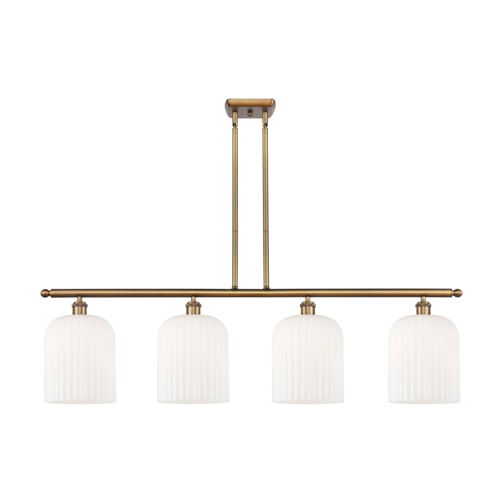Innovations Bridal Veil 48in 4-Light Island Light | Art Nouveau Brushed Brass and Gloss White Ribbed Glass | Kitchen Island & | Model 516-4I-BB-G559-8GWH