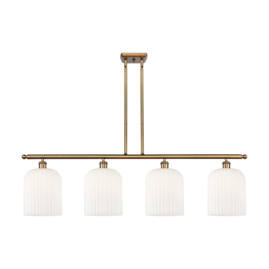 Innovations Bridal Veil 48in 4-Light Island Light | Art Nouveau Brushed Brass and Gloss White Ribbed Glass | Kitchen Island & | Model 516-4I-BB-G559-8GWH