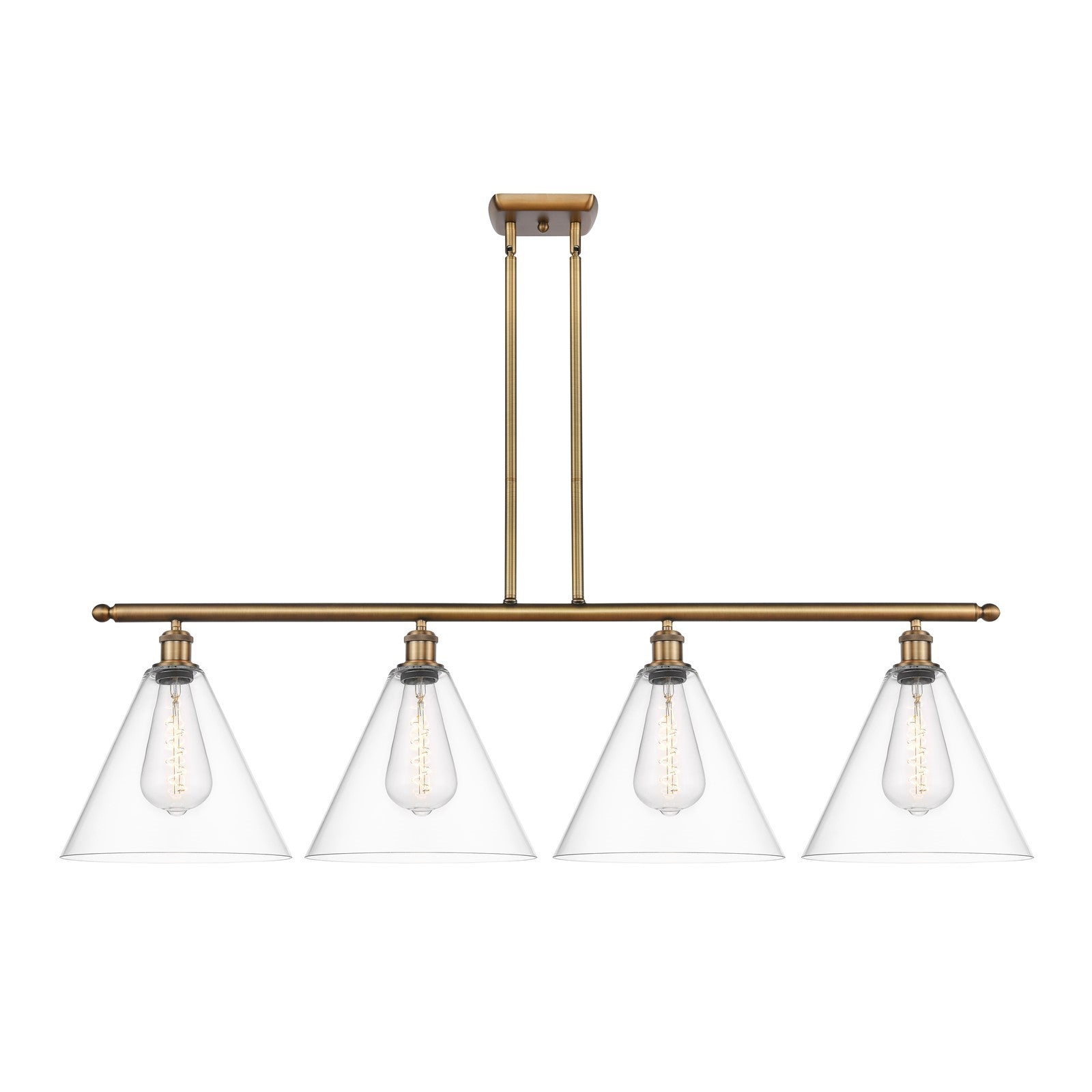 Innovations Berkshire Glass 50in 4-Light Island Light | Industrial Brushed Brass Steel and Clear Glass | Kitchen Island & Dining | Model 516-4I-BB-GBC-122