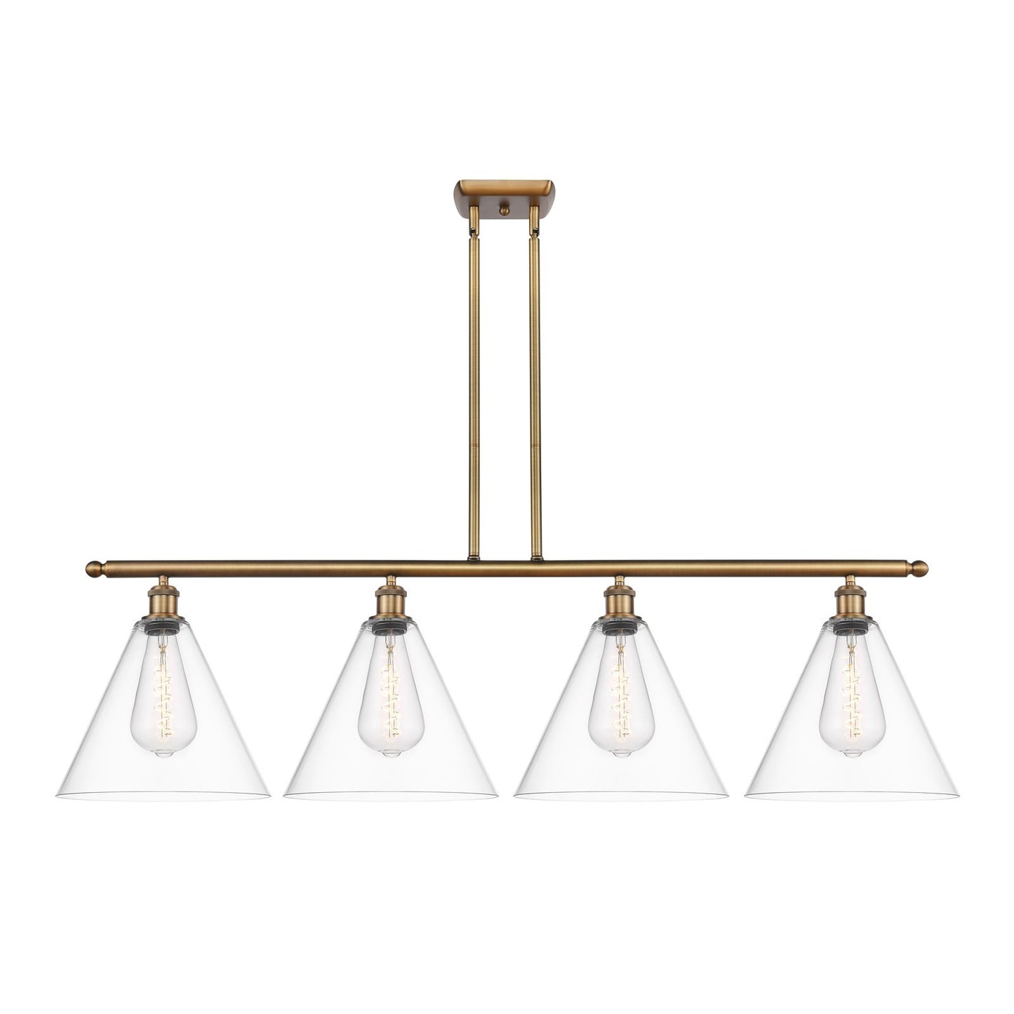 Innovations Berkshire Glass 50in 4-Light Island Light | Industrial Brushed Brass Steel and Clear Glass | Kitchen Island & Dining | Model 516-4I-BB-GBC-122