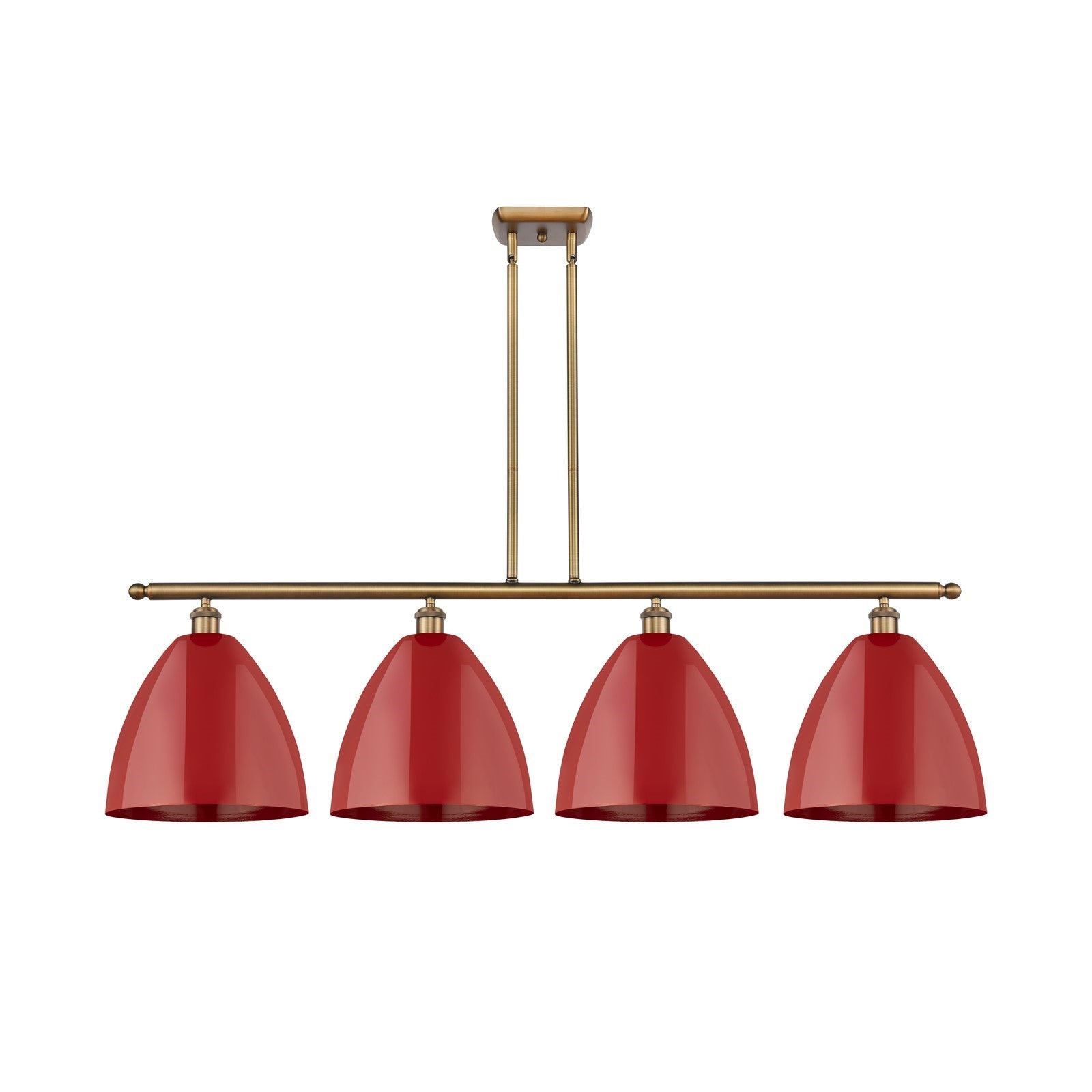 Innovations Plymouth 50.25in 4-Light Island Light | Industrial Farmhouse Brushed Brass Steel and Matte Red Metal | Kitchen | Model 516-4I-BB-MBD-12-RD