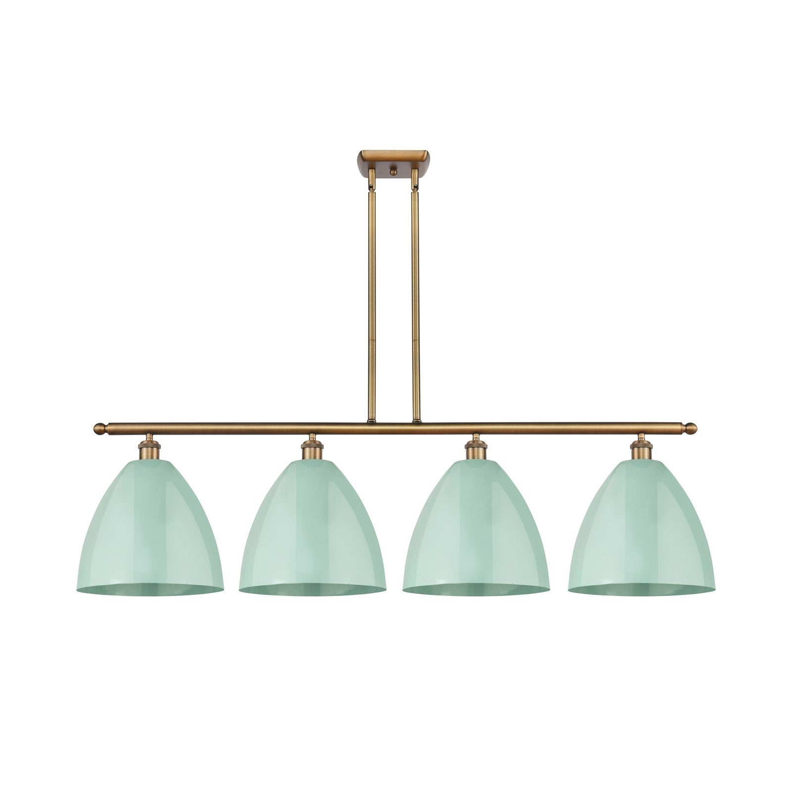 Innovations Plymouth 50.25in 4-Light Island Light | Industrial Farmhouse Brushed Brass and Matte Seafoam Metal Shade | Model 516-4I-BB-MBD-12-SF-LED