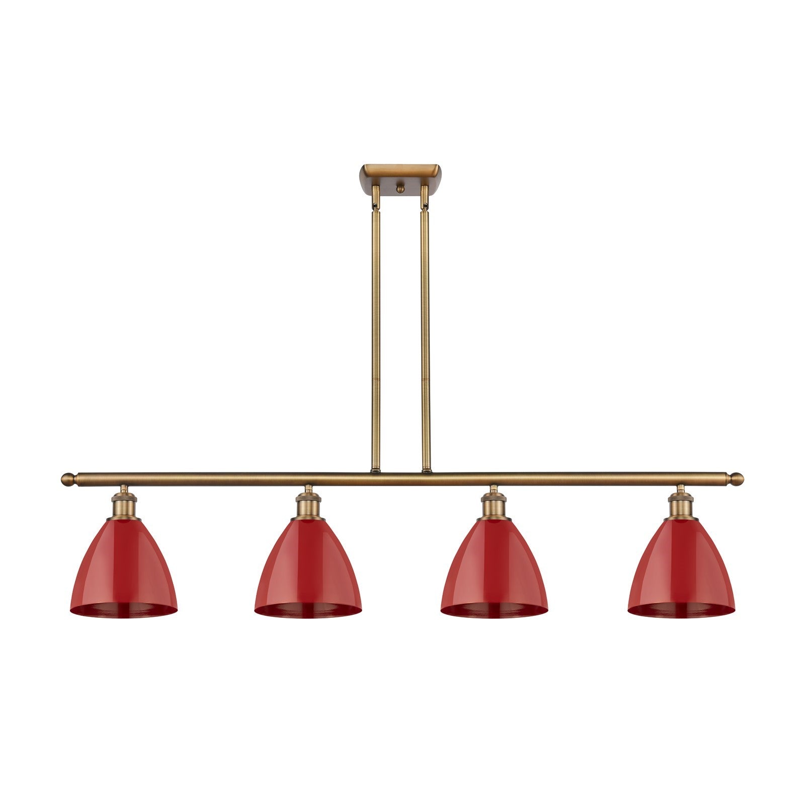 Innovations Plymouth 48in 4-Light Island Light | Industrial Farmhouse Brushed Brass and Matte Red Metal Shade | Kitchen | Model 516-4I-BB-MBD-75-RD-LED