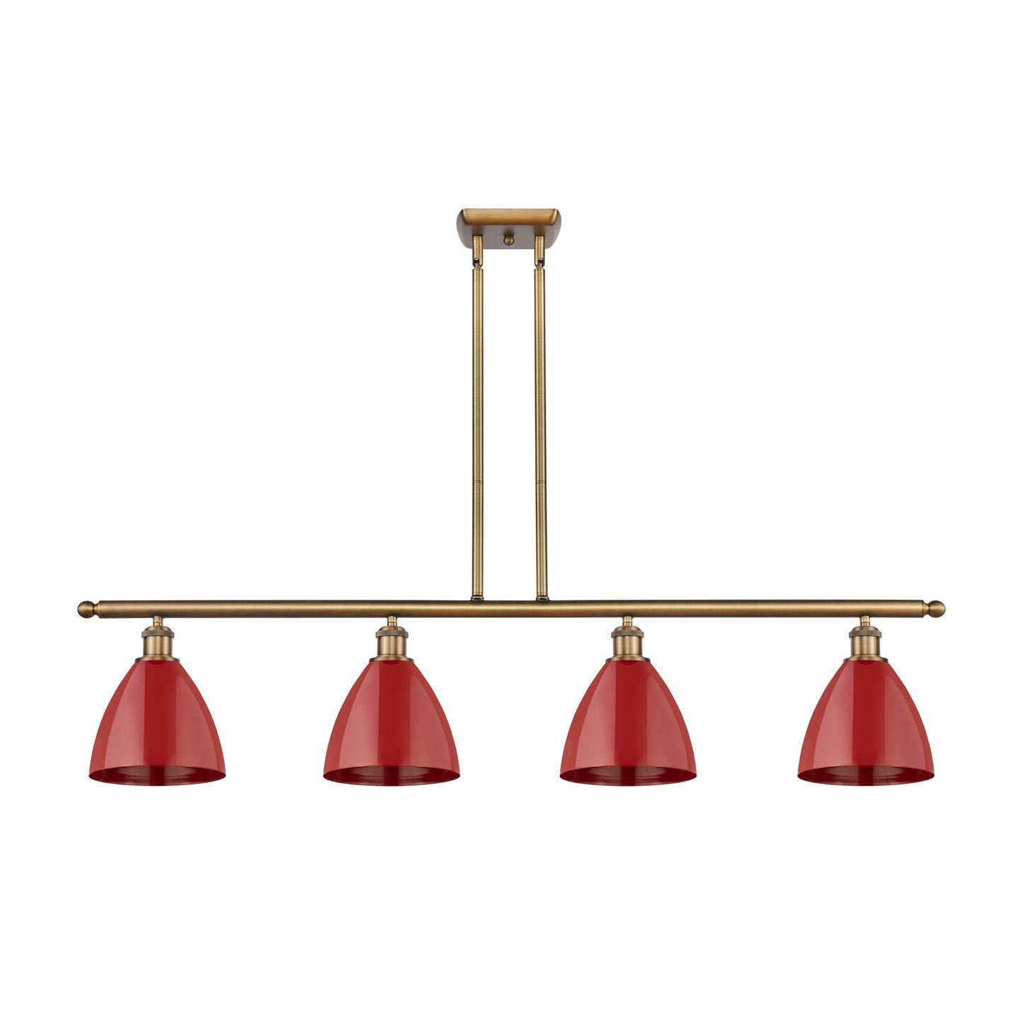 Innovations Plymouth 48in 4-Light Island Light | Industrial Farmhouse Brushed Brass and Matte Red Metal Shade | Kitchen | Model 516-4I-BB-MBD-75-RD-LED
