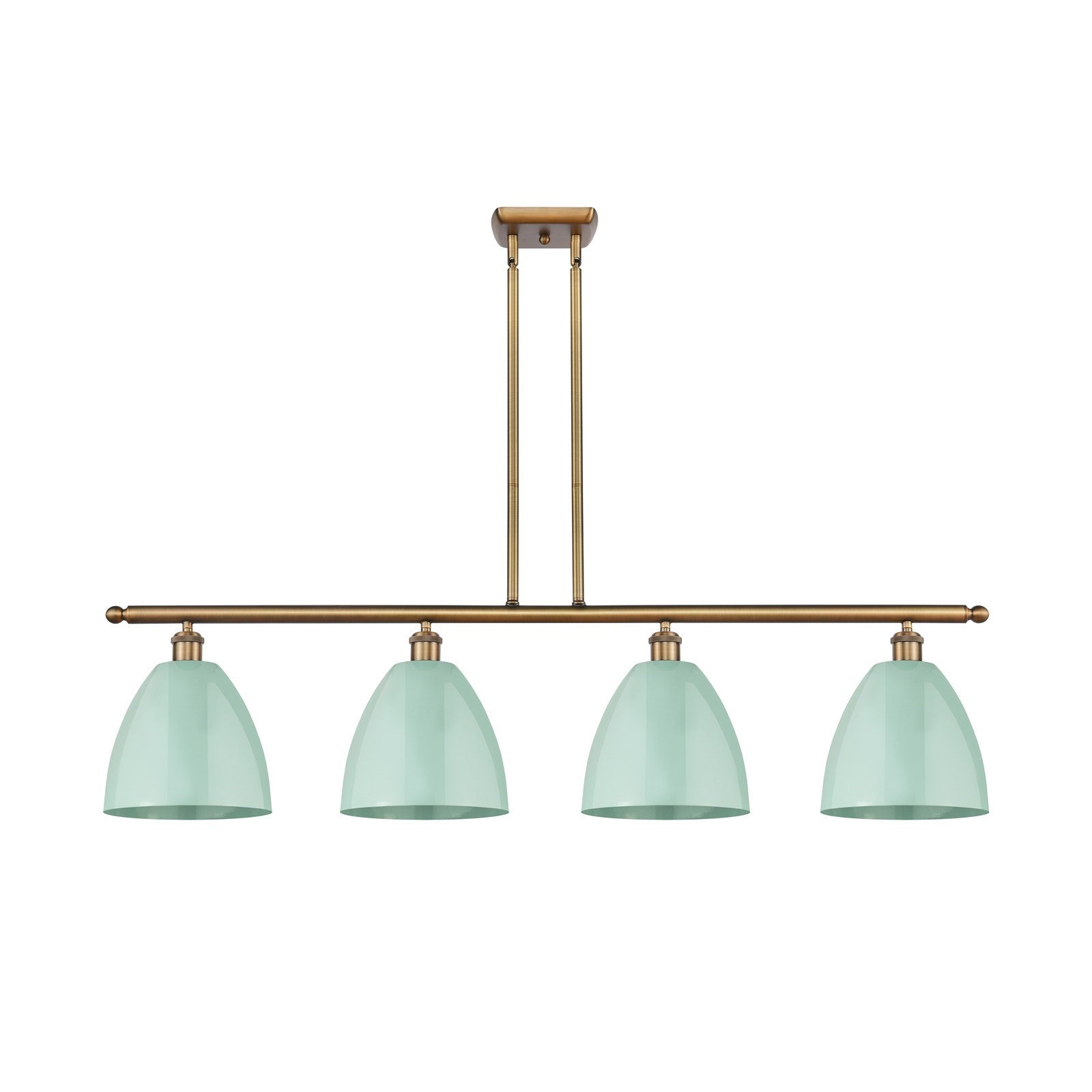 Innovations Plymouth 48in 4-Light Island Light | Industrial Farmhouse Brushed Brass and Matte Seafoam Metal Shade | Kitchen | Model 516-4I-BB-MBD-9-SF-LED