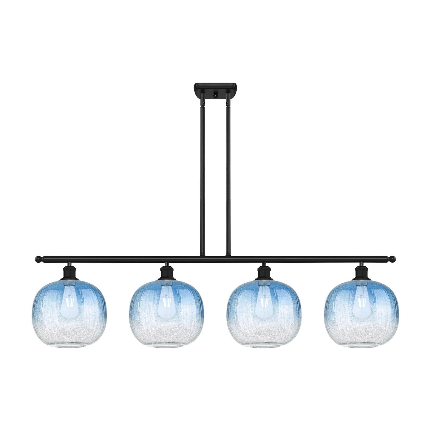 Innovations Brookhaven Sphere 49in 4-Light Island Light | Industrial Matte Black Steel and Sapphire Blue Glass | Kitchen | Model 516-4I-BK-G481-10SB