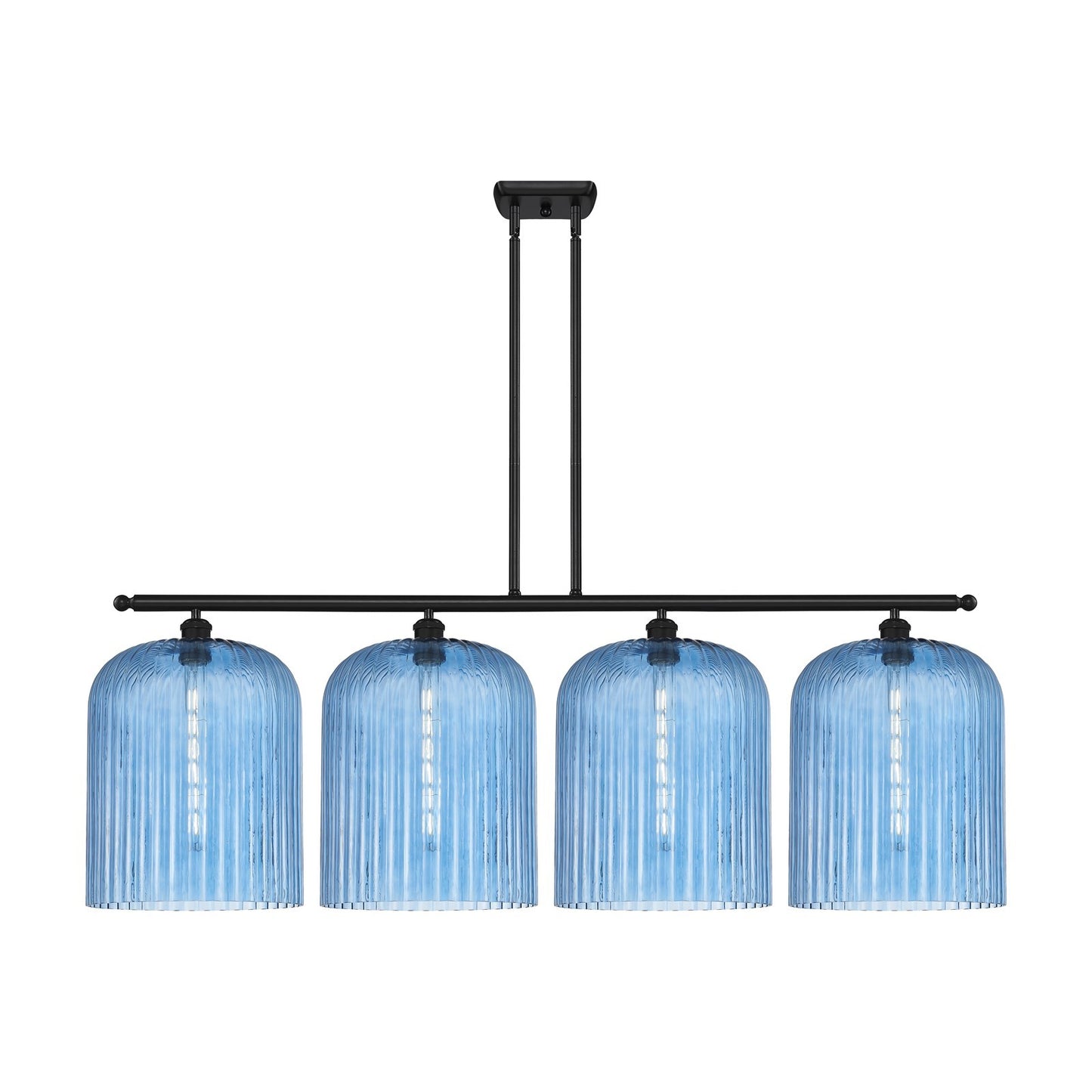Innovations Bridal Veil 48in 4-Light Island Light | Art Nouveau Matte Black Steel and Princess Blue Ribbed Glass | Kitchen | Model 516-4I-BK-G559-12BL