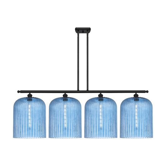Innovations Bridal Veil 48in 4-Light Island Light | Art Nouveau Matte Black Steel and Princess Blue Ribbed Glass | Kitchen | Model 516-4I-BK-G559-12BL