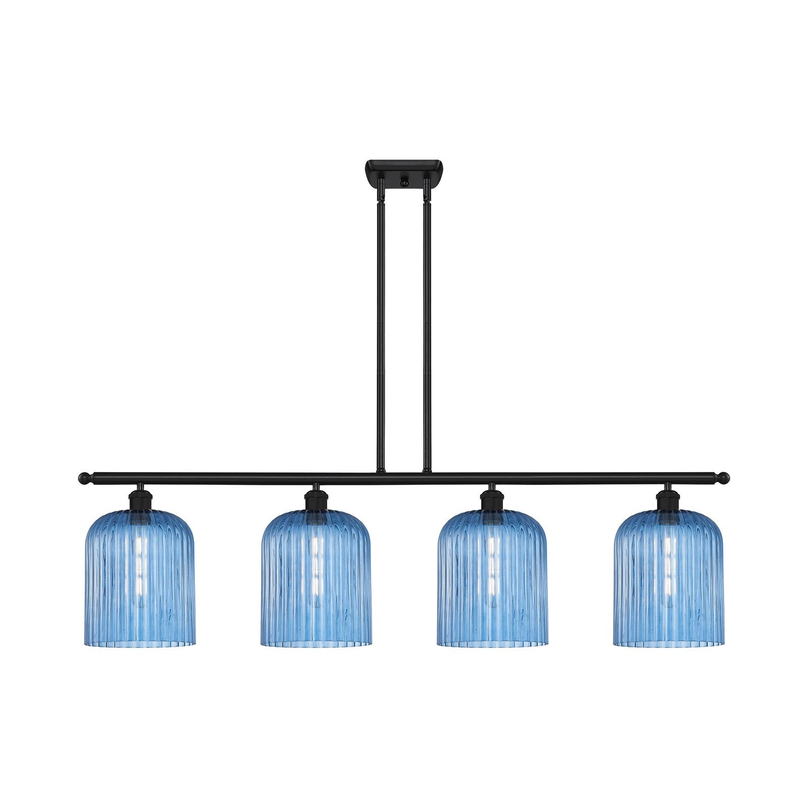 Innovations Bridal Veil 48in 4-Light Island Light | Art Nouveau Matte Black Steel and Princess Blue Ribbed Glass | Kitchen | Model 516-4I-BK-G559-8BL