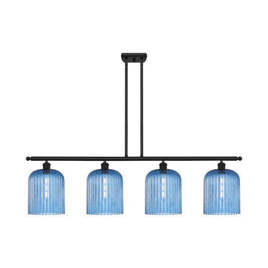 Innovations Bridal Veil 48in 4-Light Island Light | Art Nouveau Matte Black Steel and Princess Blue Ribbed Glass | Kitchen | Model 516-4I-BK-G559-8BL