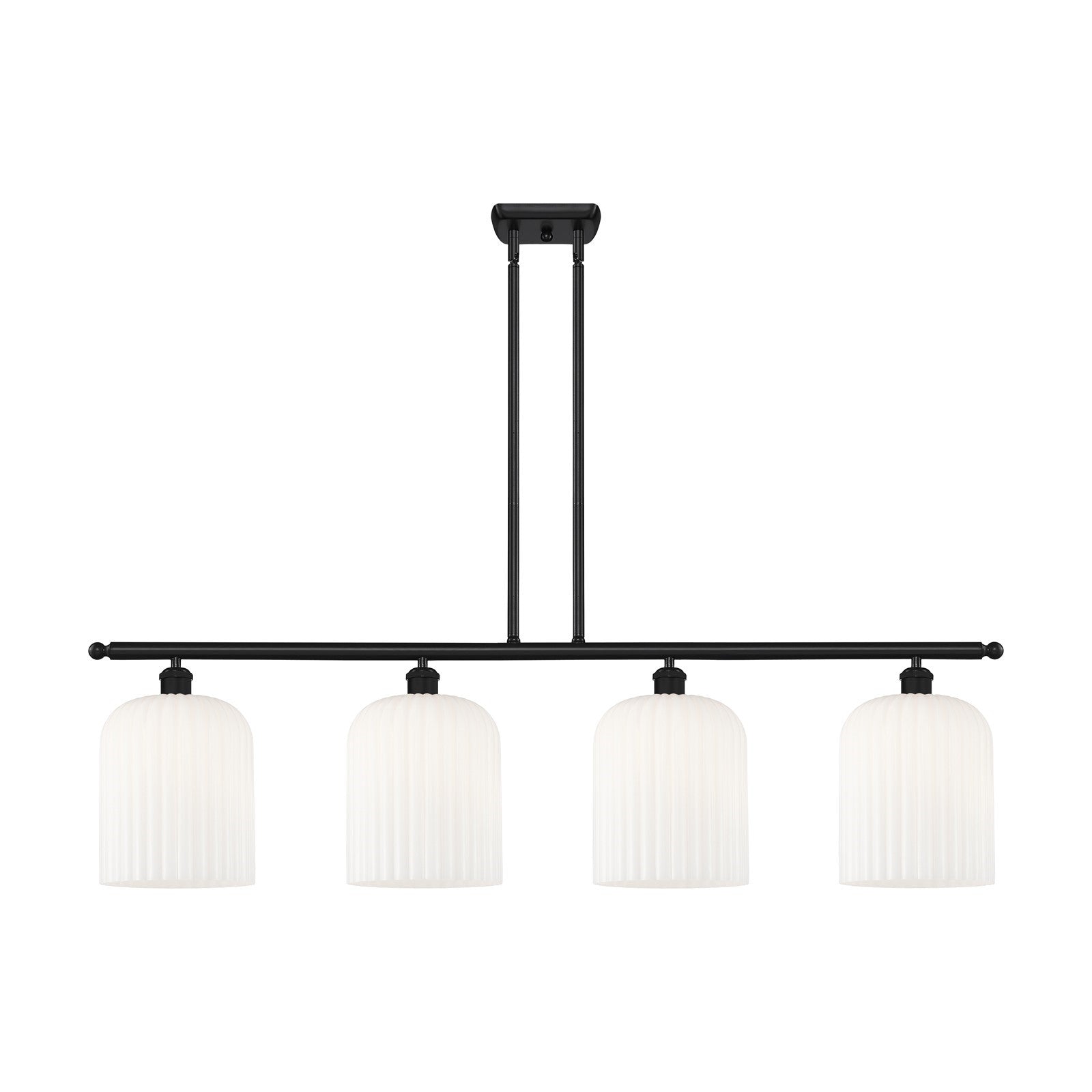 Innovations Bridal Veil 48in 4-Light Island Light | Art Nouveau Matte Black Steel and Gloss White Ribbed Glass | Kitchen | Model 516-4I-BK-G559-8GWH