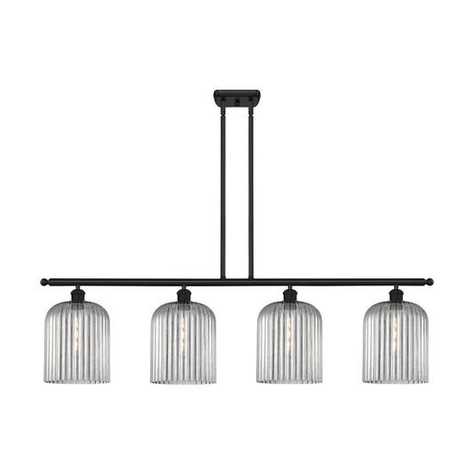 Innovations Bridal Veil 48in 4-Light Island Light | Art Nouveau Matte Black Steel and Light Smoke Ribbed Glass | Kitchen Island | Model 516-4I-BK-G559-8SM