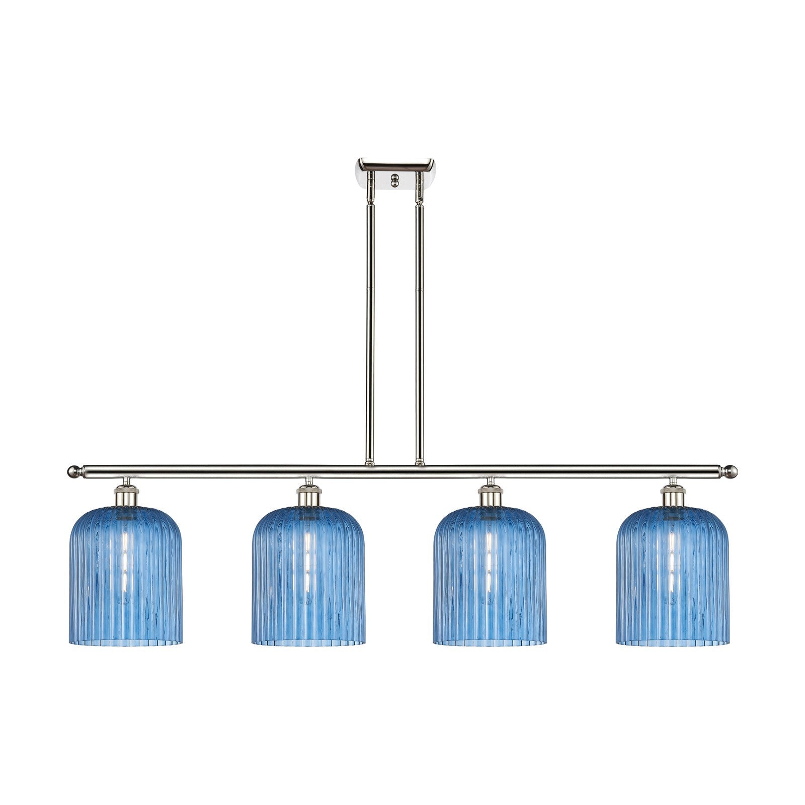 Innovations Bridal Veil 48in 4-Light Island Light | Art Nouveau Polished Nickel Steel and Princess Blue Ribbed Glass | Kitchen | Model 516-4I-PN-G559-8BL