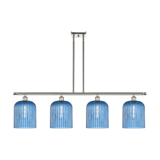 Innovations Bridal Veil 48in 4-Light Island Light | Art Nouveau Polished Nickel Steel and Princess Blue Ribbed Glass | Kitchen | Model 516-4I-PN-G559-8BL