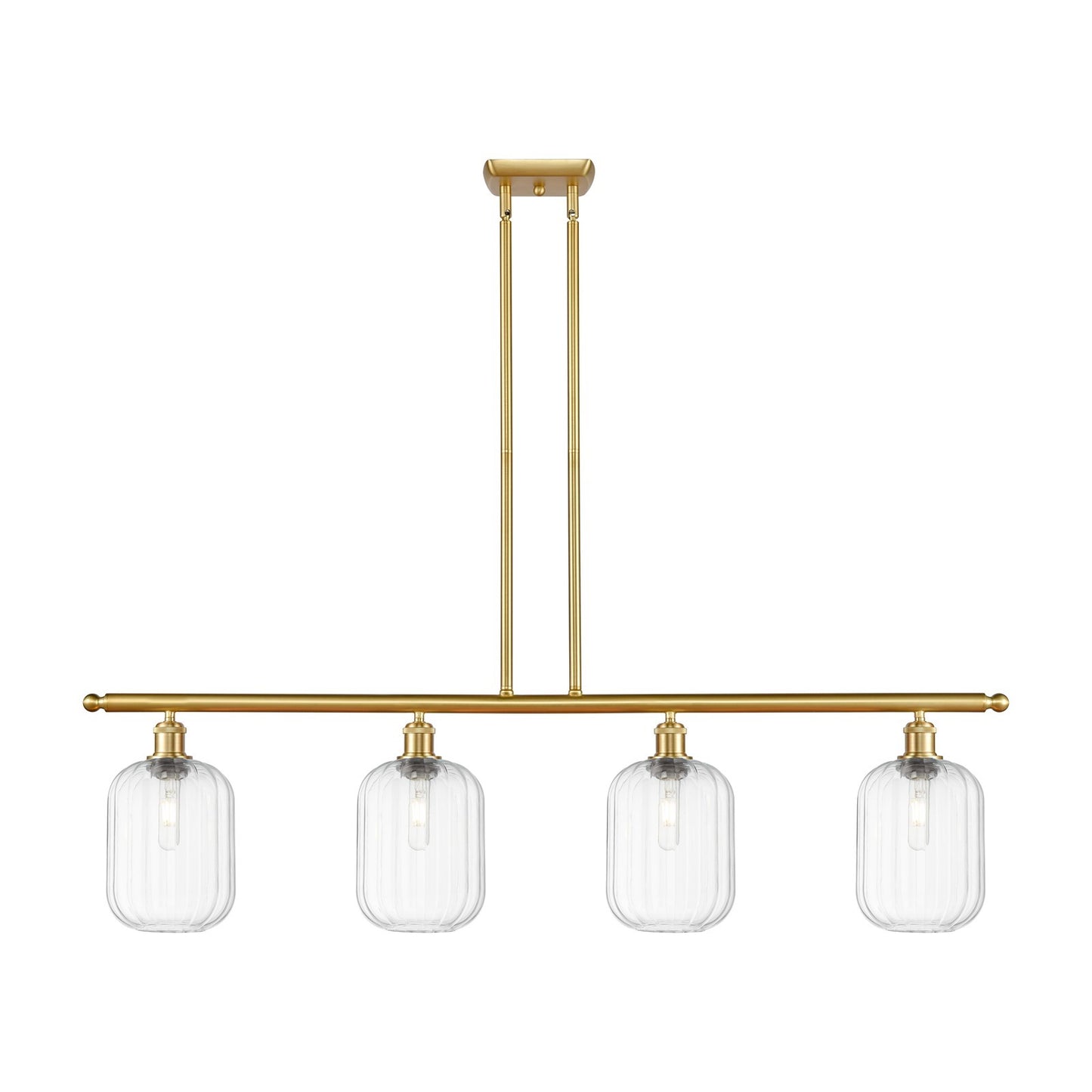 Innovations Preston Cylinder 48in 4-Light Island Light | Industrial Satin Gold Steel and Clear Glass | Kitchen Island & Dining | Model 516-4I-SG-G460-7CL