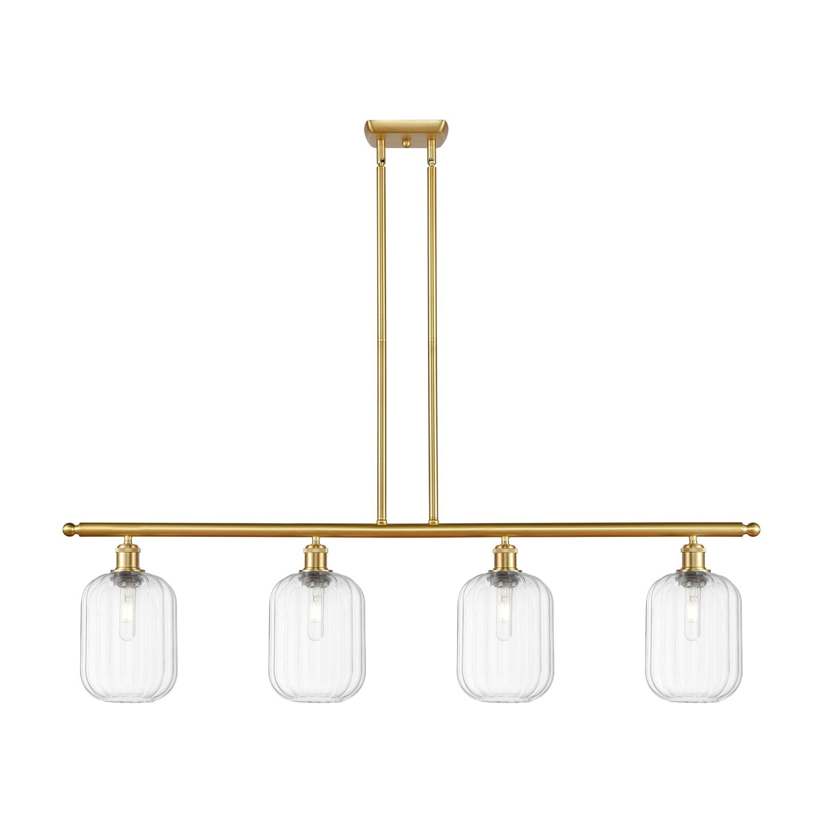 Innovations Preston Cylinder 48in 4-Light Island Light | Industrial Satin Gold Steel and Clear Glass | Kitchen Island & Dining | Model 516-4I-SG-G460-7CL